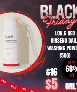 Lon.G Red GinsLon.G Red Ginseng Daily Washing Powder (50g)_Black Friday Sale Lon.G Red Ginseng Daily Washing Powder (50g) The Lon.G Red Ginseng Daily Washing Powder (50g)  is a daily, enzyme-based cleansing product designed to gently remove sebum and dead skin cells. Its mild, weak-acid formula ensures thorough cleansing without irritating the skin, promoting a hydrated and smooth complexion. The inclusion of red ginseng extract supports skin nourishment and vitality. Ideal for sensitive skin types, this powder transforms into a creamy foam when you add water and is a very effective cleanser. Lon.G Red Ginseng Daily Washing Powder  Ingredients Microcrystalline Cellulose, Sodium Lauroyl Glutamate, Sodium Cocoyl Glycinate, Red Ginseng Powder (10%), Sodium Cocoyl Isethionate, Ethylcellulose, Silica, Papaineng Daily Washing Powder (50g)_Black Friday Sale