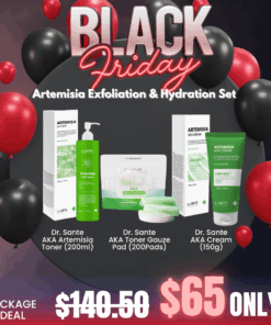 Dr. Sante Artemisia Exfoliation & Hydration Set_Black Friday Korean Skincare Sale Black Friday Korean Skincare Sale! What is included? Dr. Sante AKA Artemisia Toner(200ml) - Mild acidic toner for oily skin, acne skin | Recommended to all skin types, troubled skin, problematic skin Dr. .Sante AKA Toner Gauze Pad(200pads) - VEGAN PAD – Made with an optimal blend of 50% cotton + 50% Tencel, it provides a fresh, non-irritating touch even for sensitive skin. Dr. Sante AKA Cream (150g) - Cream that contains Vitamin E and LHA designed for uneven skin texture, for trouble or bumpy skin or for clogged pores. Dr. SANTE – KOREA NO.1 AESTHETIC BRAND Since its establishment in 2003, Sante Cosmetic Co., Ltd. has consistently researched and developed the Azulene Soother series for dry skin and the Artemisia AKA series for sensitive skin. Beautiful skin starts from here. | You’ll hear the difference in your skin – with Dr. SANTE Dr. Sante Artemisia AKA Toner Ingredients :  Artemisia Princeps Extract (83%), Glycerin, Methylpropanediol, Butylene Glycol, Pyrus Malus (Apple) Fruit Extract, Allantoin, Mugwort Extract, Erythritol, Sodium Hyaluronate, Panthenol, Capryloyl Salicylic Acid, Gluconolactone, Hamamelis Virginiana (Witch Hazel) Bark/Leaf/Twig Extract, Pentylene Glycol, Purified Water, Caprylhydroxamic Acid, 1,2-Hexanediol, Polyglyceryl-10 Laurate, Indigofera Tinctoria Leaf Extract, Xanthan Gum, Malus Domestica Fruit Extract, Dioscorea Japonica Root Extract, Camellia Sinensis Leaf Extract, Curcuma Longa (Turmeric) Root Extract, Indigofera Tinctoria Flower Extract, Tocopheryl Acetate, Vitis Vinifera (Grape) Seed Extract, Citrus Limon (Lemon) Fruit Extract, Lavandula Angustifolia (Lavender) Flower Extract, Cocos Nucifera (Coconut) Oil, Ethylhexylglycerin, Disodium EDTA, Arnica Montana Flower Extract, Saccharomyces Lysate Filtrate, Dioscorea Opposita Root Extract, Iris Shibuya Extract, Salvia Hispanica (Chia) Seed Extract, Amomum Villosum Fruit Extract Dr. Sante Artemisia AKA Cream Ingredients: Artemisia Capillaris Extract (72%), 1,2-Hexanediol, Butylene Glycol, Glycerin, Linum Usitatissimum (Linseed) Seed Extract, Salvia Hispanica Seed Extract, Chondrus Crispus Extract, Gluconolactone, Dioscorea Japonica Root Extract, Hibiscus Abelmoschus Extract, Capryloyl Salicylic Acid, Polyglyceryl-10 Laurate, Pentylene Glycol, Water, Mannitol, Zea Mays (Corn) Starch, Microcrystalline Cellulose, Ceramide NP, Hydrogenated Lecithin, Titanium Dioxide, Chromium Hydroxide Green, Tocopheryl Acetate, Chromium Oxide Greens, Lavandula Angustifolia (Lavender) Extract, Melaleuca Alternifolia (Tea Tree) Leaf Extract, Salix Alba (Willow) Bark Extract, Pyrus Malus (Apple) Fruit Extract, Camellia Sinensis Leaf Extract, Allantoin, Sulfur, Melia Azadirachta Flower Extract, Carbomer, Polyisobutene, Polysorbate 20, Sorbitan Isostearate, Butylene Glycol Dicaprylate/Dicaprate, Squalane, Methyl Trimethicone, Dimethicone/Vinyl Dimethicone Crosspolymer, Cetearyl Alcohol, Polyglyceryl-3 Methylglucose Distearate, Palmitic Acid, Stearic Acid, Myristic Acid, Oleic Acid, Arachidic Acid, Arginine, Melia Azadirachta Leaf Extract, Coccinia Indica Fruit Extract, Amber Powder, Solanum Melongena (Eggplant) Fruit Extract, Ocimum Sanctum Leaf Extract, Curcuma Longa (Turmeric) Root Extract, Corallina Officinalis Extract, Moringa Oleifera Seed Oil, Citrus Aurantium Amara (Bitter Orange) Flower Oil, Caprylyl Glycol, Ethylhexylglycerin