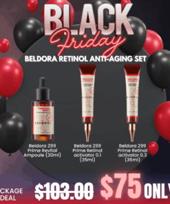 Belodra 299 Prime Retinol Anti-aging Set_Black Friday Korean Skincare Sale Accelerate skin turnover with retinol and relieve wrinkles and pigmentation! Firm and tight your skin from inside! BELDORA is a customized skin care brand with steadfast commitment to development of safe and high-quality products. Efficacy and safety as BELDORA’s core values. Focusing on consumer needs. Committed to quality products. PERSISTENCE – Always looking for better solutions. PURISM – Less decorations and more efficacies. CONSTANCY – maintain good skin condition . DESIRABLE – Accomplish the desire for a desirable skin. FOCUS – Skincare products only. Beldora 299 Prime Revital Ampoule Anti-wrinkle Solution 30ml  - Ampoule Improve skin elasticity and provide nutrient, lasting moisture and wrinkle reducing benefits. Beldora 299 Prime Retinol Activator 0.1 Skin Renewal & Brightening Expert 35ml Anti-wrinkle night cream highly concentrated anti winkle activator that contains Retinol, Adenosine and Hyaluronic Acid leaves the skin silky and brighter Beldora 299 Prime Retinol Activator 0.3 Skin Renewal & Brightening Expert 35ml