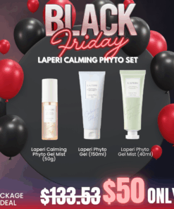 Laperi Calming Phyto Set_Black Friday Korean Skincare Sale Laperi is a professional skincare line widely used in renowned aesthetic shops in Korea. It is safe, stable, and infused with pure, boundless energy. With Laperi, experience beauty where inner and outer balance, purity, and vitality coexist in harmony. Laperi Calming Phyto Line : The Calming Phyto Gel line helps comfort and calm sensitive skin, deeply infuses hydration into the skin, and locks in that moisture to keep it from escaping. What is included? Laperi Calming Phyto Gel Mist (50g) Hydrating and calming mist that continuously fills the skin with hydration, helping it become more moisture-attractive. Laperi Calming Phyto Gel (150ml) Gentle Calming Gel to soothe and relieve sensitive skin Laperi Calming Phyto Gel Cream (40ml) Refreshing texture cream for strenghtening skin barrier with quick soothing effect Laperi Calming Phyto Gel Mist Ingredients: Water, Methylpropanediol, Niacinamide, Butylene Glycol, Glyceryl Glucoside, Anhydroxylitol, Xylitol, Glucose, Purified Water, Bamboo Extract, Centella Asiatica Extract, Aloe Vera Leaf Extract, Portulaca Oleracea Extract, Sodium Hyaluronate, Adenosine, Bis-PEG-18 Methyl Ether Dimethyl Silane, Trehalose, Allantoin, Betaine, Gelatin, Calcium Lactate, PEG-60 Hydrogenated Castor Oil, Tocopheryl Acetate, 1,2-Hexanediol, Hydroxyacetophenone, Disodium EDTA, Scented Geranium Flower Oil, Salvia Oil, Bergamot Oil, Orange Peel Oil, Citronellol, Geraniol, Limonene, Linalool Laperi Calming Phyto Gel Ingredients:  Purified water, glycerin, 1,2-hexanediol, methylpropanediol, pentylene glycol, houttuynia cordata extract, mugwort extract, glycine soja (soybean) sprout extract, gold calendula flower extract, matricaire extract, piper extract, aloe vera leaf water, hydroxyethyl ethylcellulose, beta-glucan, ceramide NP, ethylhexylglycerin, sodium PCA, sodium hyaluronate, sodium acetylated hyaluronate, sodium hyaluronate crosspolymer, sodium hyaluronate dimethylsilanol, disodium EDTA, guaiazulene, ethylhexylglycerin Laperi Calming Phyto Gel Cream Ingredients : Purified Water, Glycerin, Methylpropanediol, Centella Asiatica Extract, Ice Plant Extract, Stearyl Dimethicone, 1,2-Hexanediol, Niacinamide, Betaine, Hexyldecyl Laurate, Hexyldecanol, Cetyl Alcohol, Cetyl Palmitate, Cetyl Olivate, Sorbitan Olivate, Glyceryl Stearate, Polyglyceryl-10 Stearate, Simmondsia Chinensis (Jojoba) Seed Oil, Portulaca Oleracea Extract, Bambusa Vulgaris Leaf/Root Extract, Adenium Obesum Extract, Marula Fruit Extract, Phellodendron Amurense Bark Extract, Allantoin, Panthenol, Centella Asiatica Flower Extract, Hydroxyethylcellulose, Sodium Hyaluronate, Bifida Ferment Lysate, Macadamia Ternifolia Seed Oil, Sorbitan Olivate, Caprylic/Capric Triglyceride, Cetyl Palmitate, Pentaerythrityl Tetra-di-t-butyl Hydroxyhydrocinnamate, Polysorbate 60, Polysorbate 20, Cetyl Palmitate, Phytosterols, Polysorbate 80, Glucosyl Stearate, 3-Polyglceryl-3 Myristate, Dimethicone, Cetearyl Alcohol, Cetearyl Glucoside, Sea Salt, Hydroxyethylcellulose Stearate, Tocopherol, Adenosine, Arginine, Behenyl Alcohol, Dihydroxyacetone, Polyquaternium-51, Lecithin, Phytantriol, Hydroxypropylcellulose, Beta-Glucan, Butylene Glycol, Cholesterol, Ceramide NP, Diisopropyl Dimer Dilinoleate, Biotinoyl Tripeptide-1, Ammonium Acryloyldimethyltaurate/Beheneth-25 Methacrylate Crosspolymer, Polyglyceryl-10 Oleate, Ceramide AP, Ceramide EOP, Ceramide NS, Ceramide NP, Guar Hydroxypropyltrimonium Chloride, Ceramide EOS, Ethylhexylglycerin, Citronellol, Geraniol, Linalool, Limonene