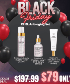 Rebloom Toner, Serum, Eye cream Anti-aging Set_Black Friday Korean skincare Sale Rebloom is a premium aesthetic brand currently used in over 3,000 aesthetic clinics outside of Korea. The brand has been proven effective in skin regeneration, hydration, and soothing. Its products are used in aesthetic centers and dermatological research labs, and have been developed in collaboration with industry professionals and experts. What is included? Rebloom Luxury Bubble Toner (200ml) A bubble-type toner containing 5 types of hyaluronic acid and 4 kinds of fermented filtrates, providing dual functional skincare benefits for whitening and wrinkle improvement. Rebloom Peptide-Pink Serum (50ml) Whitening and wrinkle improvement double functional cosmetics. It contains peptides and cyanocobalamin that replenishes the dull and dry skin with nutritional energy and makes the skin lively and healthy. Rebloom Bakutionl Eye Care Cream (50ml) Eye and neck cream for fine lines and wrinkles. Whitening and Wrinkle-Improving Dual-Functional Cosmetic Formulated with bakuchiol, retinol, ceramide, collagen, and active ingredients from Centella asiatica, this product helps deliver moisture and nourishment to the delicate skin around the eyes, leaving it smooth, firm, and revitalized.