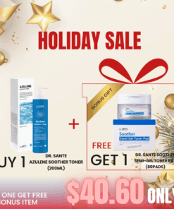 Buy 1 Dr. Sante Azulene Soother Toner (200ml) + FREE Dr. Sante Soother Semi-Gel Toner Pad(80pads)_Black Friday Korean skincare Sale Black Friday Korean Skincare Sale Dr.SANTE Soother Semi-Gel Toner Pad (80 Pads) Korean skincare Soothing Moisturizing Pad for sensitive skin. Excellent moisture absorption and water resistance! Dr. Sante Soother Semi-Gel Toner Pad is a fast-absorbing, hydrating toner pad designed to quickly calm and soothe the skin. Made from natural bamboo fabric enhanced with hydrophilic gel technology, it offers 13 times higher skin affinity compared to regular cotton pads—providing superior absorption and water resistance while instantly replenishing skin moisture. Crafted from 100% biodegradable, vegan-certified material, this eco-friendly toner pad minimizes irritation while caring for both your skin and the environment. Good to pair with Azuelen base Azulene Soother Toner Dr. SANTE – KOREA NO.1 AESTHETIC BRAND Loved by Korean estheticians and K-beauty customers Beautiful skin starts from here. | You’ll hear the difference in your skin – with Dr. SANTE Dr. Sante is a professional aesthetic skincare brand with over 20 years of history, dedicated to promoting healthy skin and a more beautiful life. Loved by Korean estheticians, the brand has earned numerous awards over the past 24 years and is widely recognized in the professional aesthetic field. Through estheticians’ trust and word-of-mouth, Dr. Sante has also become highly popular among consumers, establishing its reputation in the retail skincare market as well.
