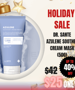 Dr. Sante Azulene Soother Cream Mask (50g) Formulated with 1,000ppm Guaiazulene and Chamomile Flower Water, the Azulene Soother Cream Mask features a unique blend of soft lavender-blue hues and a rich cream texture. Dexpanthenol 20,000ppm A core ingredient for skin barrier repair, protection, and self-regeneration. 8 Types of Hyaluronic Acid & Polyglutamic Acid Recharge moisture through multiple skin layers with 10 times the hydration power of hyaluronic acid alone. Glyceryl Glucoside Enhances antioxidant enzyme activity, prevents aging, and activates aquaporins for improved hydration circulation. Dr. Sante Azulene Soother Cream Mask Ingredients Matricaria Flower Water (Chamomile Flower Water 62%), Isohexadecane, Ethylhexyl Stearate, Glycerin, Cyclopentasiloxane, Dexpanthenol, Glyceryl Stearate, Cetearyl Alcohol, Caprylic/Capric Triglyceride, Butylene Glycol, Titanium Dioxide, Sorbitan Stearate, Stearic Acid, Sodium Acrylate/Sodium Acryloyldimethyl Taurate Copolymer, Sodium Hyaluronate, Polyglutamic Acid, Glyceryl Glucoside, Sorbitan Sesquioleate, Squalane, Beeswax, Centella Asiatica Leaf Extract, Glycyrrhiza Glabra (Licorice) Root Extract, Portulaca Oleracea Extract, Purified Water, Hydroxypropyltrimonium Hyaluronate, Sodium Acetylated Hyaluronate, Hydrolyzed Hyaluronic Acid, Hyaluronic Acid, Sodium Hyaluronate Crosspolymer, Hydrolyzed Sodium Hyaluronate, Potassium Hyaluronate, 1,2-Hexanediol, Paraffin, Microcrystalline Wax, Dimethicone, Cholesterol, Hydroxyethylcellulose, Polyglyceryl-10 Laurate, Propanediol, Ethylhexylglycerin, Bentonite, Hydrolyzed Collagen, Aloe Vera Leaf Extract, Laminaria Japonica Extract, Dioscorea Japonica Root Extract, Ulmus Davidiana Root Extract, Chamomile Flower Extract, Fragrance, Guaiazulene (1,000ppm), Allantoin, Disodium EDTA Dr. SANTE – KOREA NO.1 AESTHETIC BRAND Loved by Korean estheticians and K-beauty customers Beautiful skin starts from here. | You’ll hear the difference in your skin – with Dr. SANTE