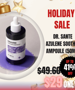 Dr. Sante Azulene Soother Ampoule (50ml) Soothing Ampoule_Black Friday Korean Skincare Sale Dr. Sante Azulene Soother Ampoule (50ml) Contains the highest concentration of Guaiac Azulene (1,000ppm) — the ultimate soothing moisture ampoule.                Dr. Sante Azulene Soother Ampoule Ingredients: Chamomile Flower Water (79%), Purified Water, Butylene Glycol, Dipropylene Glycol, Methylpropanediol, 1,2-Hexanediol, Glycerin, Sodium Hyaluronate Crosspolymer, Sodium Acetylated Hyaluronate, Hydroxypropyltrimonium Hyaluronate, Hydrolyzed Hyaluronic Acid, Potassium Hyaluronate, Hydrolyzed Sodium Hyaluronate, Sodium Hyaluronate, Sodium Guanylate Sulfonate (1,000 ppm), Centella Asiatica Extract, Beta-Glucan, Bottle Gourd Extract, Lotus Root Extract, Raspberry Extract, Acai Palm Fruit Extract, Rosehip Extract, Cranberry Extract, Vitis Vinifera (Grape) Fruit Extract, Elderberry Fruit Extract, Strawberry Extract, Panthenol, Pentylene Glycol, Caprylyl Glycol, Tocopheryl Acetate, Phytosterol Isostearate, Caprylic/Capric Triglyceride, Hydroxyacetophenone, Squalane, Carbomer, Tromethamine, Sodium Hyaluronate, Disodium EDTA, Fragrance, Ethylhexylglycerin.