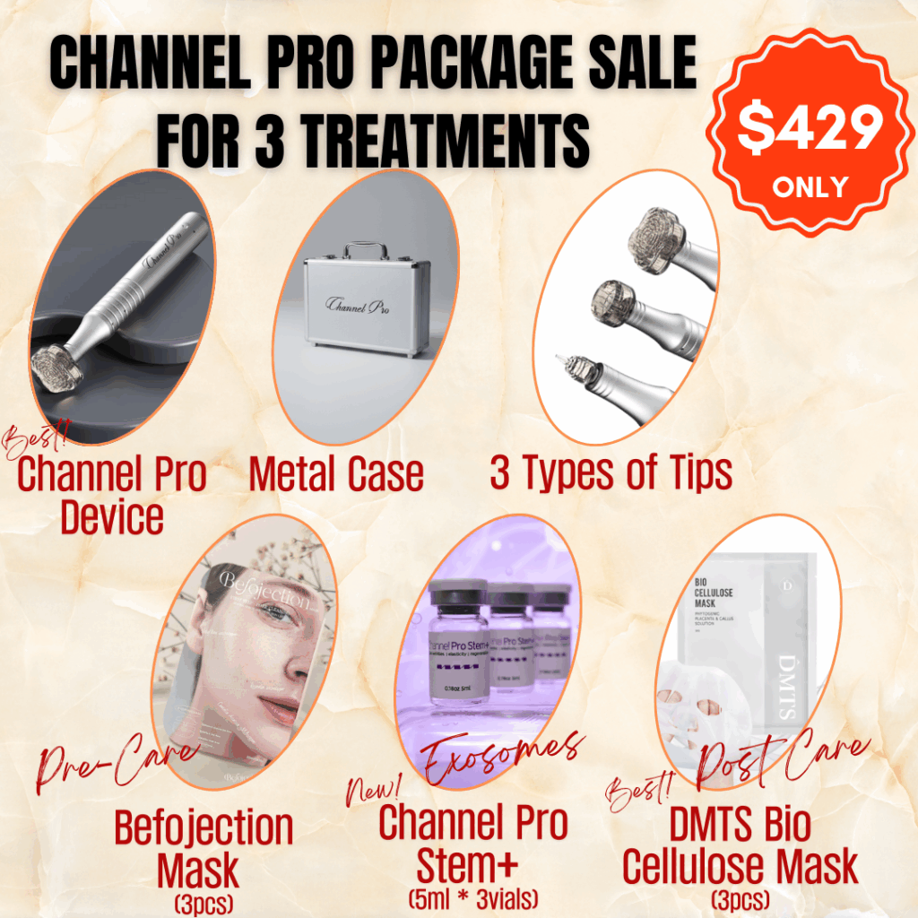 #1 Channel Pro Pen Package Special_Sale With New and Improved Stem + Channel Pro is the #1 microchanneling device. It creates precise channels for serums while minimizing unnecessary skin damage, resulting in shorter downtime and outstanding results. The specially designed tips are the key to its success! #1 Channel Pro Pen NEW Device with 3 Tips and Brand New and Improved Channel Pro Stem+ (5ml*3ea) ** 1 Year Warranty Channel Pro Pen 2.0 Brand New Device with Metal case ,3 Tips (82FT5 , 24RT5 , 3T5), 3 vials of Channel Pro Stem+, 3 Befojection Mask(pre-treat), 3 DMTS Bio cellulose Mask (post care) Comes with 1 year unconditional warranty! Channel Pro Pen New Device USB Charger Line 82Flower Tip 24Round Tip 3Tip Channel Pro Stem+ (5ml*3ea) Befojectin Mask (3pcs) DMTS Bio Cellulose Mask (3pcs) 1 Year unconditional warranty Brief Information of Channel Pro Stem + Channel Pro Stem+ is a high-performance exosome ampoule designed to boost skin regeneration and radiance, especially when paired with microchanneling. Featuring a triple exosome blend (human stem cell–derived factors + apple EVs + grape EVs), essential amino acids, and vitamins, it supports fast recovery, improved tone, and a healthy glow. Lightweight, fast-absorbing, and device-friendly—ideal for channeling, stamping, and transdermal infusion treatments. Key Benefits: Enhances regeneration & post-procedure recovery Improves luminosity and skin tone Lightweight texture absorbs quickly into microchannels Suitable for all skin types, including sensitive