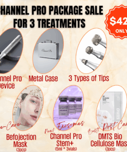 #1 Channel Pro Pen Package Special_Sale With New and Improved Stem + Channel Pro is the #1 microchanneling device. It creates precise channels for serums while minimizing unnecessary skin damage, resulting in shorter downtime and outstanding results. The specially designed tips are the key to its success! #1 Channel Pro Pen NEW Device with 3 Tips and Brand New and Improved Channel Pro Stem+ (5ml*3ea) ** 1 Year Warranty Channel Pro Pen 2.0 Brand New Device with Metal case ,3 Tips (82FT5 , 24RT5 , 3T5), 3 vials of Channel Pro Stem+, 3 Befojection Mask(pre-treat), 3 DMTS Bio cellulose Mask (post care) Comes with 1 year unconditional warranty! Channel Pro Pen New Device USB Charger Line 82Flower Tip 24Round Tip 3Tip Channel Pro Stem+ (5ml*3ea) Befojectin Mask (3pcs) DMTS Bio Cellulose Mask (3pcs) 1 Year unconditional warranty Brief Information of Channel Pro Stem + Channel Pro Stem+ is a high-performance exosome ampoule designed to boost skin regeneration and radiance, especially when paired with microchanneling. Featuring a triple exosome blend (human stem cell–derived factors + apple EVs + grape EVs), essential amino acids, and vitamins, it supports fast recovery, improved tone, and a healthy glow. Lightweight, fast-absorbing, and device-friendly—ideal for channeling, stamping, and transdermal infusion treatments. Key Benefits: Enhances regeneration & post-procedure recovery Improves luminosity and skin tone Lightweight texture absorbs quickly into microchannels Suitable for all skin types, including sensitive