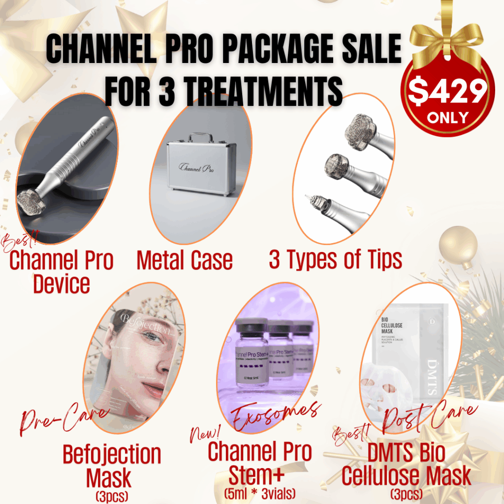 #1 Channel Pro Pen Package Special_Holiday Sale With New and Improved Stem + Channel Pro is the #1 microchanneling device. It creates precise channels for serums while minimizing unnecessary skin damage, resulting in shorter downtime and outstanding results. The specially designed tips are the key to its success! #1 Channel Pro Pen NEW Device with 3 Tips and Brand New and Improved Channel Pro Stem+ (5ml*3ea) ** 1 Year Warranty Channel Pro Pen 2.0 Brand New Device with Metal case ,3 Tips (82FT5 , 24RT5 , 3T5), 3 vials of Channel Pro Stem+, 3 Befojection Mask(pre-treat), 3 DMTS Bio cellulose Mask (post care) Comes with 1 year unconditional warranty! Channel Pro Pen New Device USB Charger Line 82Flower Tip 24Round Tip 3Tip Channel Pro Stem+ (5ml*3ea) Befojectin Mask (3pcs) DMTS Bio Cellulose Mask (3pcs) 1 Year unconditional warranty Brief Information of Channel Pro Stem + Channel Pro Stem+ is a high-performance exosome ampoule designed to boost skin regeneration and radiance, especially when paired with microchanneling. Featuring a triple exosome blend (human stem cell–derived factors + apple EVs + grape EVs), essential amino acids, and vitamins, it supports fast recovery, improved tone, and a healthy glow. Lightweight, fast-absorbing, and device-friendly—ideal for channeling, stamping, and transdermal infusion treatments. Key Benefits: Enhances regeneration & post-procedure recovery Improves luminosity and skin tone Lightweight texture absorbs quickly into microchannels Suitable for all skin types, including sensitive