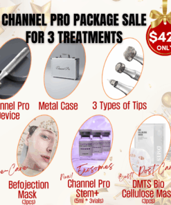 #1 Channel Pro Pen Package Special_Holiday Sale With New and Improved Stem + Channel Pro is the #1 microchanneling device. It creates precise channels for serums while minimizing unnecessary skin damage, resulting in shorter downtime and outstanding results. The specially designed tips are the key to its success! #1 Channel Pro Pen NEW Device with 3 Tips and Brand New and Improved Channel Pro Stem+ (5ml*3ea) ** 1 Year Warranty Channel Pro Pen 2.0 Brand New Device with Metal case ,3 Tips (82FT5 , 24RT5 , 3T5), 3 vials of Channel Pro Stem+, 3 Befojection Mask(pre-treat), 3 DMTS Bio cellulose Mask (post care) Comes with 1 year unconditional warranty! Channel Pro Pen New Device USB Charger Line 82Flower Tip 24Round Tip 3Tip Channel Pro Stem+ (5ml*3ea) Befojectin Mask (3pcs) DMTS Bio Cellulose Mask (3pcs) 1 Year unconditional warranty Brief Information of Channel Pro Stem + Channel Pro Stem+ is a high-performance exosome ampoule designed to boost skin regeneration and radiance, especially when paired with microchanneling. Featuring a triple exosome blend (human stem cell–derived factors + apple EVs + grape EVs), essential amino acids, and vitamins, it supports fast recovery, improved tone, and a healthy glow. Lightweight, fast-absorbing, and device-friendly—ideal for channeling, stamping, and transdermal infusion treatments. Key Benefits: Enhances regeneration & post-procedure recovery Improves luminosity and skin tone Lightweight texture absorbs quickly into microchannels Suitable for all skin types, including sensitive