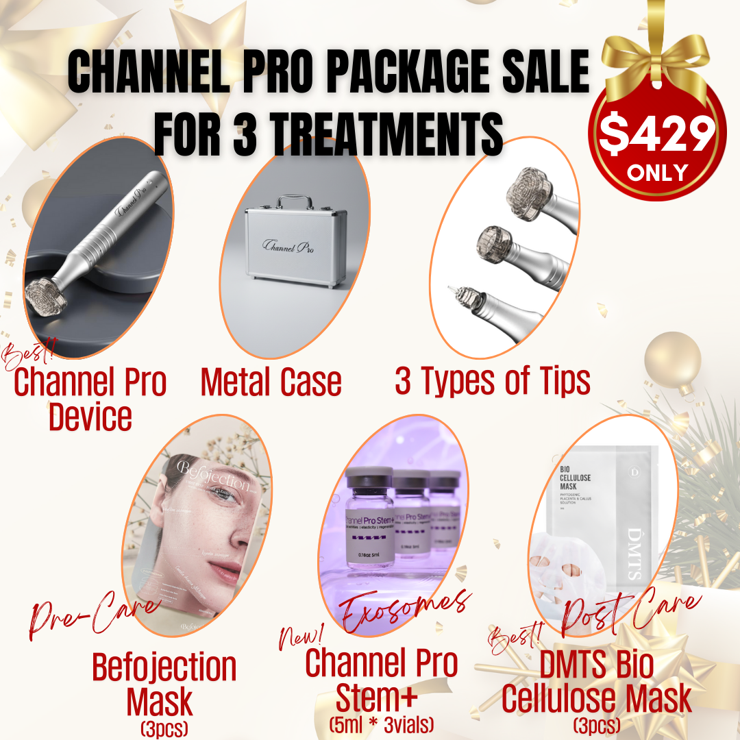#1 Channel Pro Pen Package Special_Holiday Sale With New and Improved Stem + Channel Pro is the #1 microchanneling device. It creates precise channels for serums while minimizing unnecessary skin damage, resulting in shorter downtime and outstanding results. The specially designed tips are the key to its success! #1 Channel Pro Pen NEW Device with 3 Tips and Brand New and Improved Channel Pro Stem+ (5ml*3ea) ** 1 Year Warranty Channel Pro Pen 2.0 Brand New Device with Metal case ,3 Tips (82FT5 , 24RT5 , 3T5), 3 vials of Channel Pro Stem+, 3 Befojection Mask(pre-treat), 3 DMTS Bio cellulose Mask (post care) Comes with 1 year unconditional warranty! Channel Pro Pen New Device USB Charger Line 82Flower Tip 24Round Tip 3Tip Channel Pro Stem+ (5ml*3ea) Befojectin Mask (3pcs) DMTS Bio Cellulose Mask (3pcs) 1 Year unconditional warranty Brief Information of Channel Pro Stem + Channel Pro Stem+ is a high-performance exosome ampoule designed to boost skin regeneration and radiance, especially when paired with microchanneling. Featuring a triple exosome blend (human stem cell–derived factors + apple EVs + grape EVs), essential amino acids, and vitamins, it supports fast recovery, improved tone, and a healthy glow. Lightweight, fast-absorbing, and device-friendly—ideal for channeling, stamping, and transdermal infusion treatments. Key Benefits: Enhances regeneration & post-procedure recovery Improves luminosity and skin tone Lightweight texture absorbs quickly into microchannels Suitable for all skin types, including sensitive