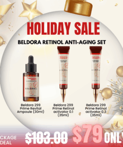 Belodra 299 Prime Retinol Anti-aging Set_Black Friday Korean Skincare Sale Accelerate skin turnover with retinol and relieve wrinkles and pigmentation! Firm and tight your skin from inside! BELDORA is a customized skin care brand with steadfast commitment to development of safe and high-quality products. Efficacy and safety as BELDORA’s core values. Focusing on consumer needs. Committed to quality products. PERSISTENCE – Always looking for better solutions. PURISM – Less decorations and more efficacies. CONSTANCY – maintain good skin condition . DESIRABLE – Accomplish the desire for a desirable skin. FOCUS – Skincare products only. Beldora 299 Prime Revital Ampoule Anti-wrinkle Solution 30ml  - Ampoule Improve skin elasticity and provide nutrient, lasting moisture and wrinkle reducing benefits. Beldora 299 Prime Retinol Activator 0.1 Skin Renewal & Brightening Expert 35ml Anti-wrinkle night cream highly concentrated anti winkle activator that contains Retinol, Adenosine and Hyaluronic Acid leaves the skin silky and brighter Beldora 299 Prime Retinol Activator 0.3 Skin Renewal & Brightening Expert 35ml
