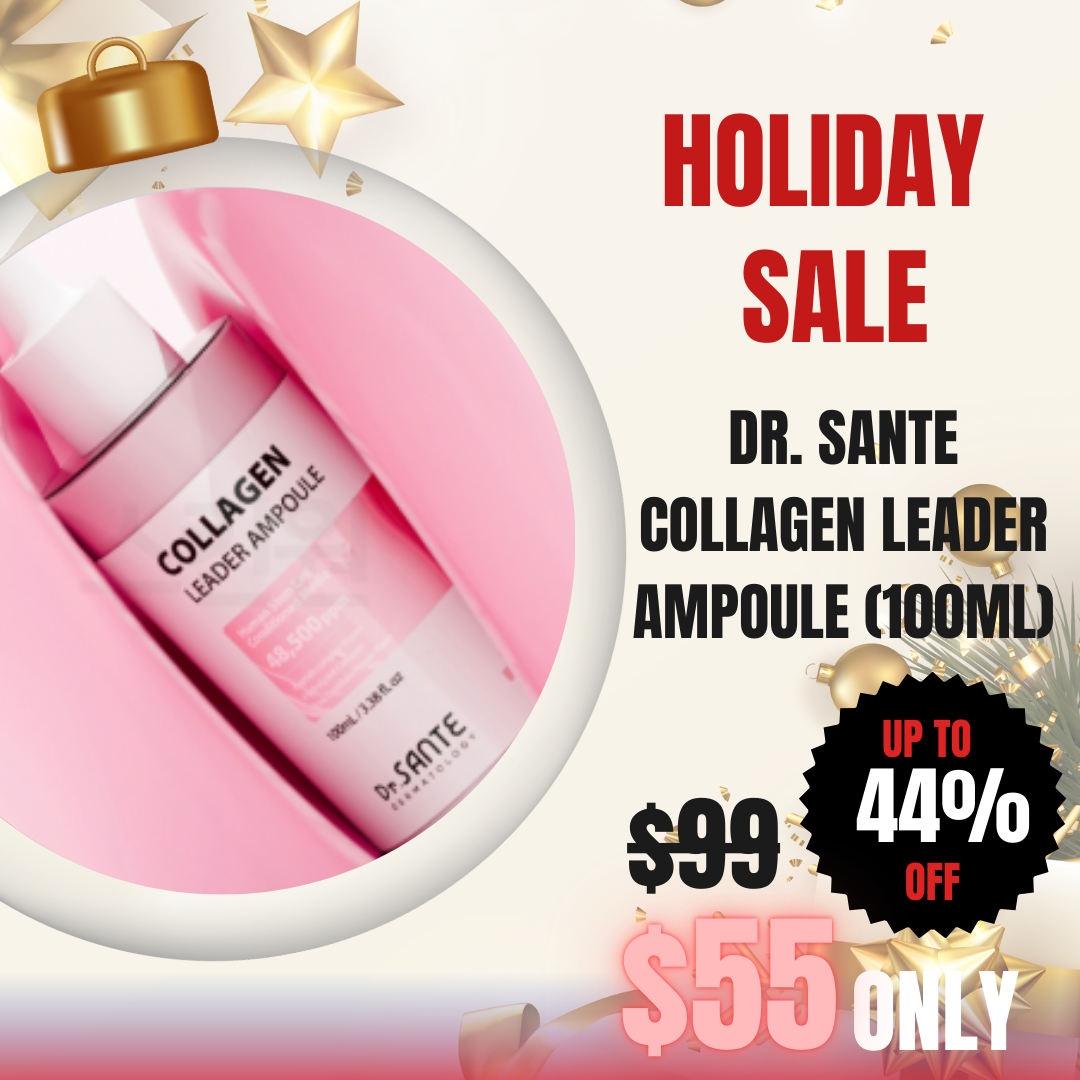 Dr. Sante Collagen Leader Ampoule (100ml)_Adipose Exosome Ampoule_Black Friday Korean Skincare Sale Dr. SANTE – KOREA NO.1 AESTHETIC BRAND Since its establishment in 2003, Sante Cosmetic Co., Ltd. has consistently researched and developed the Azulene Soother series for dry skin and the Artemisia AKA series for sensitive skin. It has made e Beautiful skin starts from here. | You’ll hear the difference in your skin – with Dr. SANTE Dr. Sante Collagen Leader Ampoule (100ml) Collagen Leader Ampoule is a skin elasticity improvement ampoule. Provides vitality and moisture to skin that is losing its original strength and elasticity, and helps to recover the skin’s original vitality and health by tightly filling in the sagging skin and promoting skin turnover. Human Stem Cell Solution, 6 types of Peptides, and Hydrolyzed Collagen improve skin elasticity, and Hydrolyzed Collagen, Ceramide NP, and Panthenol ll the skin with moisture. Vitamin B12 and Provence Rose water give vitality and energy to the skin. *Maximize effect with using beauty appliances. Ingredients: Water, Glycerin, Butylene Glycol, Dimethicone, Human Stem Cell Conditioned Media (48,500ppm), Niacinamide, Cetyl Ethylhexanoate, Isostearyl Isostearate, Panthenol, Polyglyceryl-3 Methylglucose Distearate, Hydrolyzed Collagen (10,000ppm), Rosa Centifolia Flower Water, Ceramide NP, Palmitoyl Tripeptide-1, Palmitoyl Pentapeptide-4, Hexapeptide-9, Acetyl Hexapeptide-8, Tripeptide-1, Copper Tripeptide-1, Melissa Officinalis Leaf Extract, Maltodextrin, Carbomer, Caprylyl Glycol, 1,2-Hexanediol, Xanthan Gum, Caprylhydroxamic Acid, Adenosine, Disodium EDTA, Polyglyceryl-10 Laurate, Cyanocobalamin, Methylpropanediol, PEG-8 Isostearate, Sodium Citrate, Citric Acid, Tromethamine, Fragrance Dr. Sante Collagen Leader Ampoule (100ml)