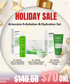 Dr. Sante Artemisia Exfoliation & Hydration Set_Black Friday Korean Skincare Sale Black Friday Korean Skincare Sale! What is included? Dr. Sante AKA Artemisia Toner(200ml) - Mild acidic toner for oily skin, acne skin | Recommended to all skin types, troubled skin, problematic skin Dr. .Sante AKA Toner Gauze Pad(200pads) - VEGAN PAD – Made with an optimal blend of 50% cotton + 50% Tencel, it provides a fresh, non-irritating touch even for sensitive skin. Dr. Sante AKA Cream (150g) - Cream that contains Vitamin E and LHA designed for uneven skin texture, for trouble or bumpy skin or for clogged pores. Dr. SANTE – KOREA NO.1 AESTHETIC BRAND Since its establishment in 2003, Sante Cosmetic Co., Ltd. has consistently researched and developed the Azulene Soother series for dry skin and the Artemisia AKA series for sensitive skin. Beautiful skin starts from here. | You’ll hear the difference in your skin – with Dr. SANTE Dr. Sante Artemisia AKA Toner Ingredients :  Artemisia Princeps Extract (83%), Glycerin, Methylpropanediol, Butylene Glycol, Pyrus Malus (Apple) Fruit Extract, Allantoin, Mugwort Extract, Erythritol, Sodium Hyaluronate, Panthenol, Capryloyl Salicylic Acid, Gluconolactone, Hamamelis Virginiana (Witch Hazel) Bark/Leaf/Twig Extract, Pentylene Glycol, Purified Water, Caprylhydroxamic Acid, 1,2-Hexanediol, Polyglyceryl-10 Laurate, Indigofera Tinctoria Leaf Extract, Xanthan Gum, Malus Domestica Fruit Extract, Dioscorea Japonica Root Extract, Camellia Sinensis Leaf Extract, Curcuma Longa (Turmeric) Root Extract, Indigofera Tinctoria Flower Extract, Tocopheryl Acetate, Vitis Vinifera (Grape) Seed Extract, Citrus Limon (Lemon) Fruit Extract, Lavandula Angustifolia (Lavender) Flower Extract, Cocos Nucifera (Coconut) Oil, Ethylhexylglycerin, Disodium EDTA, Arnica Montana Flower Extract, Saccharomyces Lysate Filtrate, Dioscorea Opposita Root Extract, Iris Shibuya Extract, Salvia Hispanica (Chia) Seed Extract, Amomum Villosum Fruit Extract Dr. Sante Artemisia AKA Cream Ingredients: Artemisia Capillaris Extract (72%), 1,2-Hexanediol, Butylene Glycol, Glycerin, Linum Usitatissimum (Linseed) Seed Extract, Salvia Hispanica Seed Extract, Chondrus Crispus Extract, Gluconolactone, Dioscorea Japonica Root Extract, Hibiscus Abelmoschus Extract, Capryloyl Salicylic Acid, Polyglyceryl-10 Laurate, Pentylene Glycol, Water, Mannitol, Zea Mays (Corn) Starch, Microcrystalline Cellulose, Ceramide NP, Hydrogenated Lecithin, Titanium Dioxide, Chromium Hydroxide Green, Tocopheryl Acetate, Chromium Oxide Greens, Lavandula Angustifolia (Lavender) Extract, Melaleuca Alternifolia (Tea Tree) Leaf Extract, Salix Alba (Willow) Bark Extract, Pyrus Malus (Apple) Fruit Extract, Camellia Sinensis Leaf Extract, Allantoin, Sulfur, Melia Azadirachta Flower Extract, Carbomer, Polyisobutene, Polysorbate 20, Sorbitan Isostearate, Butylene Glycol Dicaprylate/Dicaprate, Squalane, Methyl Trimethicone, Dimethicone/Vinyl Dimethicone Crosspolymer, Cetearyl Alcohol, Polyglyceryl-3 Methylglucose Distearate, Palmitic Acid, Stearic Acid, Myristic Acid, Oleic Acid, Arachidic Acid, Arginine, Melia Azadirachta Leaf Extract, Coccinia Indica Fruit Extract, Amber Powder, Solanum Melongena (Eggplant) Fruit Extract, Ocimum Sanctum Leaf Extract, Curcuma Longa (Turmeric) Root Extract, Corallina Officinalis Extract, Moringa Oleifera Seed Oil, Citrus Aurantium Amara (Bitter Orange) Flower Oil, Caprylyl Glycol, Ethylhexylglycerin