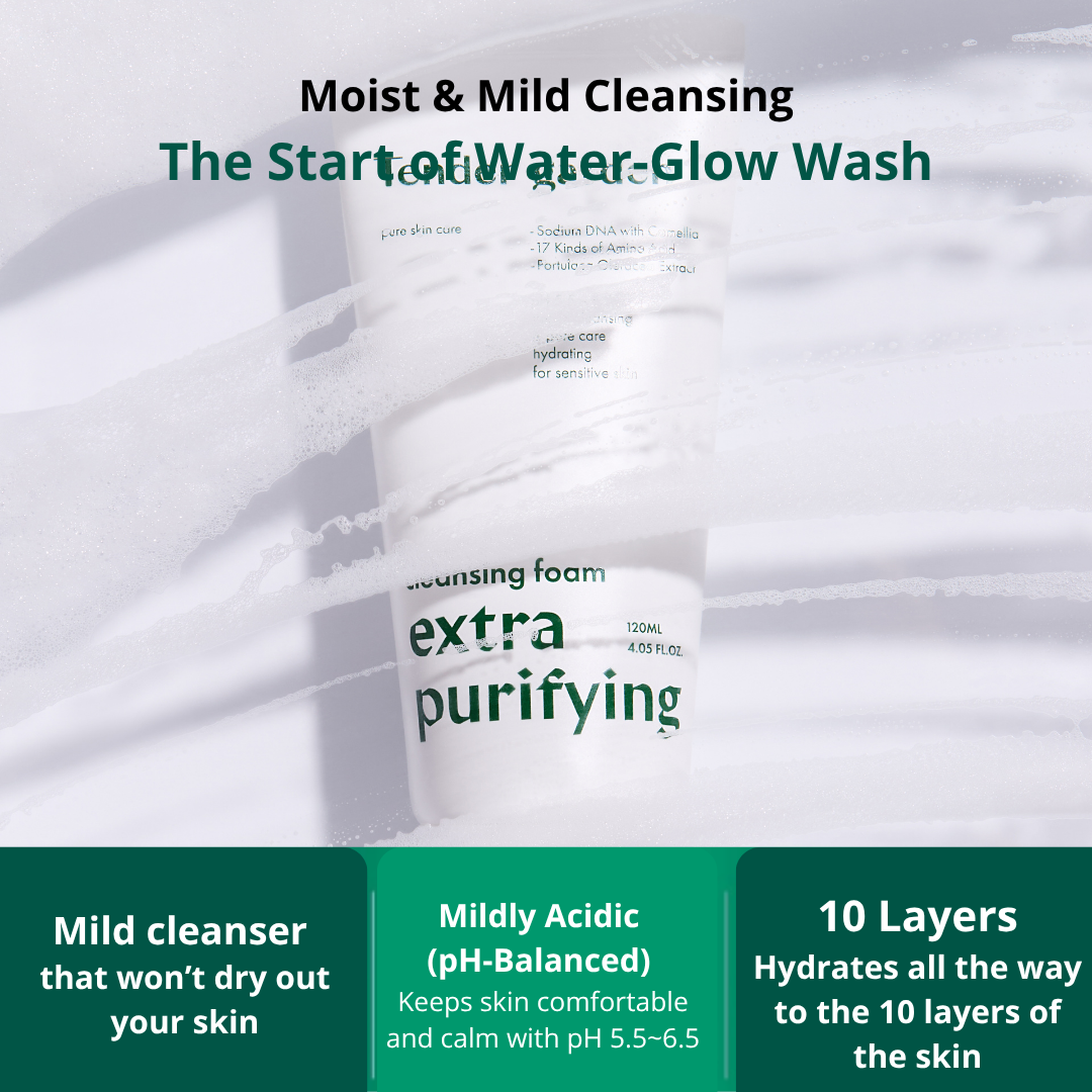 Tender Garden Cleansing Foam Extra Purifying (120ml) Glow skin starts from cleansing! Mild acidic and hydrating cleansing foam for all skin type Moisturizing Mild Cleansing The Beginning of Hydro-Glowtox Cleansing Moisture Cleansing Without Inner Tightness High-purity Camellia PDRN + 17 types of amino acid moisturizing components draw moisture to maintain clear, moist skin texture even after cleansing. Clinically Proven High-Performance Care Gentle yet powerful cleansing power confirmed through 4 clinical tests (sebum, waste, oil)! Provides 10-layer deep skin moisturizing power. NEXT-GEN APPLYING “Hydro-Glowtox” PHYTO PDRN SKIN THEARAPY LINE Camellia PDRN ; Hydro-Glowtox Combines high-purity 99% PHYTO PDRN components with 3D moisture technology. Baby Collagen (17 Amino Acids) ; Hydro Coating