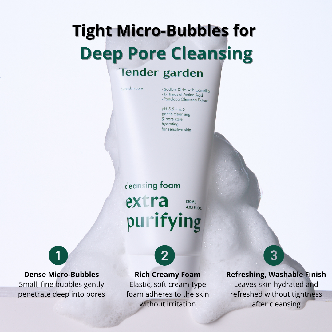 Tender Garden Cleansing Foam Extra Purifying (120ml) Glow skin starts from cleansing! Mild acidic and hydrating cleansing foam for all skin type Moisturizing Mild Cleansing The Beginning of Hydro-Glowtox Cleansing Moisture Cleansing Without Inner Tightness High-purity Camellia PDRN + 17 types of amino acid moisturizing components draw moisture to maintain clear, moist skin texture even after cleansing. Clinically Proven High-Performance Care Gentle yet powerful cleansing power confirmed through 4 clinical tests (sebum, waste, oil)! Provides 10-layer deep skin moisturizing power. NEXT-GEN APPLYING “Hydro-Glowtox” PHYTO PDRN SKIN THEARAPY LINE Camellia PDRN ; Hydro-Glowtox Combines high-purity 99% PHYTO PDRN components with 3D moisture technology. Baby Collagen (17 Amino Acids) ; Hydro Coating