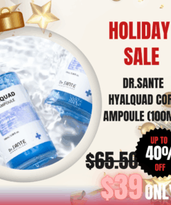 Dr. Sante Hyalquad Core Ampoule (100ml) Hydration ampoule_Black Friday Korean Skincare Sale Dr.SANTE Hyalquad Core Ampoule (100ml) Dr. Sante is a Korean No.1 Aesthetic Brand presented in more than 8,000 aesthetic salons in Korea. Dr.SANTE Hyalquad Core Ampoule Deeply replenishes moisture with 8 types of hyaluronic acid to hydrate the skin from within. Key Ingredients : Hyaluronic Acid, Sacran, Aquaxyl, Lactobacillus Ferment Lysate, Panthenol, Rosa Damascena Flower Water                             How to use : After cleansing, prepare your skin with a toner to refine texture and create a moisture base. Apply an appropriate amount evenly over the skin. For extremely dehydrated skin, layer small amounts 2–3 times to boost the moisturizing effect.  Tip: For intensive hydration, mix the ampoule with Azulene Soother Lotion or Azulene Soother Cream Mask before applying. Dr.SANTE Hyalquad Core Ampoule Ingredients :  Water, Butylene Glycol, Panthenol, Dipropylene Glycol, Saccharomyces Ferment Lysate Filtrate, Lactobacillus Ferment Lysate, Rosa Damascena Flower Water, Sodium Hyaluronate, Sodium Acetylated Hyaluronate, Sodium Hyaluronate Crosspolymer, Hyaluronic Acid, Hydrolyzed Sodium Hyaluronate, Potassium Hyaluronate, Hydrolyzed Hyaluronic Acid, Hydroxypropyltrimonium Hyaluronate, Aphanothece Sacrum Polysaccharides, Xylitylglucoside, Xylitol, Anhydroxylitol, Melissa Officinalis Leaf Extract, Caprylhydroxamic Acid, Melia Azadirachta Flower Extract, Kluyveromyces Extract, Coccinia Indica Fruit Extract, Melia Azadirachta Leaf Extract, Hydrolyzed Vegetable Protein, Aloe Barbadensis Flower Extract, Solanum Melongena (Eggplant) Fruit Extract, Paeonia Lactiflora Extract, Ocimum Sanctum Leaf Extract, Corallina Officinalis Extract, Curcuma Longa (Turmeric) Root Extract, Pentylene Glycol, Maltodextrin, Hydroxyethyl Acrylate/Sodium Acryloyldimethyl Taurate Copolymer, Glucose, Citric Acid, Propanediol, Polysorbate 60, Caprylyl Glycol, 1,2-Hexanediol, Sorbitan Isostearate, Polyglyceryl-10 Laurate, Ethylhexylglycerin, Methylpropanediol, Fragrance
