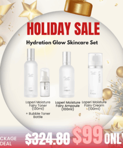 Laperi Moisture Fairy Hydration Glow Skincare Set_Black Friday Korean Skincare Sale Black Friday Korean Skincare Sale! Laperi is a professional aesthetic skincare brand that captures the safe, stable, pure, and harmless energy of nature. Elevate your skin’s natural power with Laperi’s professional skincare solutions. What is included? Laperi Moisture Fairy Toner (130ml) + Bubble Toner Bottle(30ml) Soft, airy bubbles melt gently into the skin. Quickly calming and soothing even the most sensitive skin Laperi Moisture Fairy Ampoule (100ml) Highly condensed ampoule with 10 different types of hyaluronic acid to provide deep hydration to the skin. Laperi Moisture Fairy Cream (100ml) Rich cream that strengthens skin barrier and giving hydration with calming effect Laperi Moisture Fairy Toner Ingredients :  Purified water, seawater, propanediol, 1,2-hexanediol, silver grass extract, trehalose, propolis extract, Glycine soja (soybean) sprout extract, Ziziphus jujuba (jojoba) seed extract, Centella asiatica flower oil, Salvia oil, camellia oil, betaine, C12-14 pareth-12, butylene glycol, sodium stearate, citric acid, disodium EDTA, dimethylsilanol hyaluronate, hydrolyzed sodium hyaluronate, hydrolyzed hyaluronic acid, sodium hyaluronate crosspolymer, hydroxypropyltrimonium hyaluronate, sodium acetylated hyaluronate, sodium hyaluronate dimethylsilanol, ethylhexylglycerin, citronellol, geraniol, linalool Laperi Moisture Fairy Ampoule Ingredients :  Purified water, glycerin, 1,2-hexanediol, glyceryl stearate SE, methyl gluceth-20, methylpropanediol, niacinamide, dipotassium glycyrrhizate, betaine, panthenol, propolis extract, mugwort extract, houttuynia cordata extract, Glycine soja (soybean) sprout extract, Centella asiatica extract, hydrolyzed hyaluronic acid, sodium hyaluronate, squalane, caprylic/capric triglyceride, beta-glucan, polyglutamic acid, sodium PCA, sorbitan olivate, carbomer, butylene glycol, xanthan gum, tromethamine, ceramide NP, ethylhexylglycerin, phytosphingosine, disodium EDTA, sodium phytate, diisostearyl malate, hydrolyzed glycosaminoglycans, hydrogenated lecithin, hydroxyacetophenone, sodium acetylated hyaluronate, sodium hyaluronate crosspolymer, potassium hyaluronate, hydrolyzed sodium hyaluronate, sodium hyaluronate dimethylsilanol, sodium hyaluronate methacryloyloxyethyl phosphorylcholine crosspolymer, hydrolyzed sodium hyaluronate esters, sodium hyaluronate butyrate, hydroxypropyltrimonium hyaluronate, hydrolyzed hyaluronic acid stearoylphytosphingosine, ethylhexylglycerin, phenoxyethanol, citric acid, trehalose, ribose Laperi Moisture Fairy Cream Ingredients :  Purified water, glycerin, caprylic/capric triglyceride, coconut oil, seawater, hydrolyzed hyaluronic acid, 1,2-hexanediol, shea butter, phytosteryl/octyldodecyl lauroyl glutamate, asiatic pennywort extract, fermented black tea extract, milk thistle extract, Portulaca oleracea extract, mugwort extract, Centella asiatica flower oil, sodium hyaluronate, salvia oil, camellia oil, bergamot oil, grapefruit seed oil, evening primrose oil, sea buckthorn oil, allantoin, carbomer, bisabolol, sodium stearoyl glutamate, xanthan gum, adenosine, fructooligosaccharides, beta-glucan, hydroxypropyltrimonium hyaluronate, ceramide NP, butylene glycol, dimethylsilanol hyaluronate, hydrolyzed sodium hyaluronate, potassium hyaluronate, hyaluronic acid, sodium hyaluronate crosspolymer, hydrolyzed hyaluronic acid stearoylphytosphingosine, sodium hyaluronate dimethylsilanol, sodium acetylated hyaluronic acid, phytosphingosine, ethylhexylglycerin, citronellol, geraniol, linalool, limonene Black Friday Sale