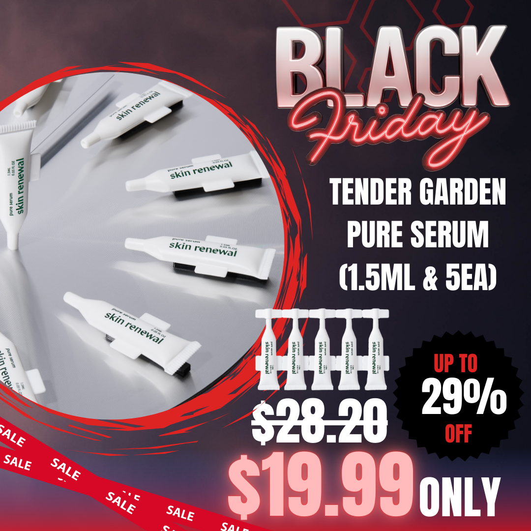 Tender garden Skin Renewal Pure Serum (1.5ml*5ea) PDRN, Exosome, Collagen Serum_Black Friday Korean Skincare Sale Tender garden Skin Renewal Pure Serum (1.5ml*5ea) PDRN Hydro-Glow Tox 99.9% Concentrated Transparently Radiant Pure Glow Skin 99.9% Highly Concentrated Camellia PDRN Three-dimensional mesh-structured hyaluronic acid combined with the vitality of camellia plants that bloom even in harsh winter, delivering hydro plumping effects that surge from within the skin. Clinically Proven High-Efficacy Care Skin lifting confirmed through 6 clinical tests, 100-hour moisture/hydration lasting power, real moisture volume boosting. NEXT-GEN APPLYING “Hydro-Glow Tox” PHYTO PDRN SKIN THEARAPY LINE Camellia PDRN ;Hydro-Glow Tox Combines high-purity 99% PHYTO PDRN components with 3D moisture technology. This delivers exceptional elasticity-enhancing skin renewal and outstanding well-aging Hydro-toxin effects. Camellia flowers particularly symbolize winter in Jeju, demonstrating strong vitality by blooming even in the harsh winter cold. Due to their rich components and skin benefits, they are highly popular ingredients in the cosmetics industry. Tender garden Skin Renewal Pure Serum Ingredients Water, Butylene Glycol, 1,2-Hexanediol, Camellia Japonica Flower Extract, Sodium DNA, Sodium Hyaluronate Crosspolymer, Ethylhexylglycerin, Adenosine