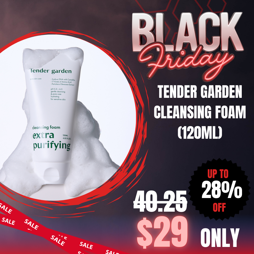 Tender Garden Cleansing Foam Extra Purifying (120ml)_Black Friday Korean Skincare Sale Tender Garden Cleansing Foam Extra Purifying (120ml) Glow skin starts from cleansing! Mild acidic and hydrating cleansing foam for all skin type Tender garden Extra Purifying Cleansing Foam (120ml) Moisturizing Mild Cleansing The Beginning of Hydro-Glowtox Cleansing Moisture Cleansing Without Inner Tightness High-purity Camellia PDRN + 17 types of amino acid moisturizing components draw moisture to maintain clear, moist skin texture even after cleansing. Clinically Proven High-Performance Care Gentle yet powerful cleansing power confirmed through 4 clinical tests (sebum, waste, oil)! Provides 10-layer deep skin moisturizing power. NEXT-GEN APPLYING “Hydro-Glowtox” PHYTO PDRN SKIN THEARAPY LINE Camellia PDRN ; Hydro-Glowtox Combines high-purity 99% PHYTO PDRN components with 3D moisture technology. This delivers exceptional elasticity-enhancing skin renewal and outstanding well-aging Hydro-Glowtox effects. Camellia flowers particularly symbolize winter in Jeju, demonstrating strong vitality by blooming even in the harsh winter cold. Due to their rich components and skin benefits, they are highly popular ingredients in the cosmetics industry. Baby Collagen (17 Amino Acids) ; Hydro Coating Baby collagen that exists only in 1-year-old baby skin provides Hydro coating effects. Natural Moisturizing Factor (NMF) is a substance that naturally exists within the skin to help maintain adequate moisture. While we produce NMF naturally from birth, its distribution is most abundant in baby skin. Tender garden Extra Purifying Cleansing Foam Ingredients Purified Water, Glycerin, Sodium Cocoyl Glycinate, Coco-Betaine, Butylene Glycol, Sodium Lauroyl Glutamate, Hydroxypropyl Starch Phosphate, Gluconolactone, Quillaja Saponaria Bark Extract, Camellia Japonica Flower Extract, Nelumbo Nucifera Flower Extract, Ulmus Root Extract, Sodium Chloride, Coco-Glucoside, Citric Acid, Caprylyl Glycol, Polysorbate 67, Sodium Cocoyl Isethionate, Propanediol, Sodium Phytate, 1,2-Hexanediol, Polyglyceryl-10 Stearate, Polyglyceryl-10 Oleate, Ethylhexylglycerin, Glycine, Serine, Glutamic Acid, Aspartic Acid, Lysine, Alanine, Arginine, Threonine, Phenylalanine, Proline, Tryptophan, Valine, Isoleucine, Histidine, Cysteine, Methionine, Sodium DNA, Sodium Hyaluronate Crosspolymer.