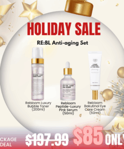 Rebloom Toner, Serum, Eye cream Anti-aging Set Rebloom is a premium aesthetic brand currently used in over 3,000 aesthetic clinics outside of Korea. The brand has been proven effective in skin regeneration, hydration, and soothing. Its products are used in aesthetic centers and dermatological research labs, and have been developed in collaboration with industry professionals and experts. What is included? Rebloom Luxury Bubble Toner (200ml) A bubble-type toner containing 5 types of hyaluronic acid and 4 kinds of fermented filtrates, providing dual functional skincare benefits for whitening and wrinkle improvement. Rebloom Peptide-Pink Serum (50ml) Whitening and wrinkle improvement double functional cosmetics. It contains peptides and cyanocobalamin that replenishes the dull and dry skin with nutritional energy and makes the skin lively and healthy. Rebloom Bakutionl Eye Care Cream (50ml) Eye and neck cream for fine lines and wrinkles. Whitening and Wrinkle-Improving Dual-Functional Cosmetic Formulated with bakuchiol, retinol, ceramide, collagen, and active ingredients from Centella asiatica, this product helps deliver moisture and nourishment to the delicate skin around the eyes, leaving it smooth, firm, and revitalized.