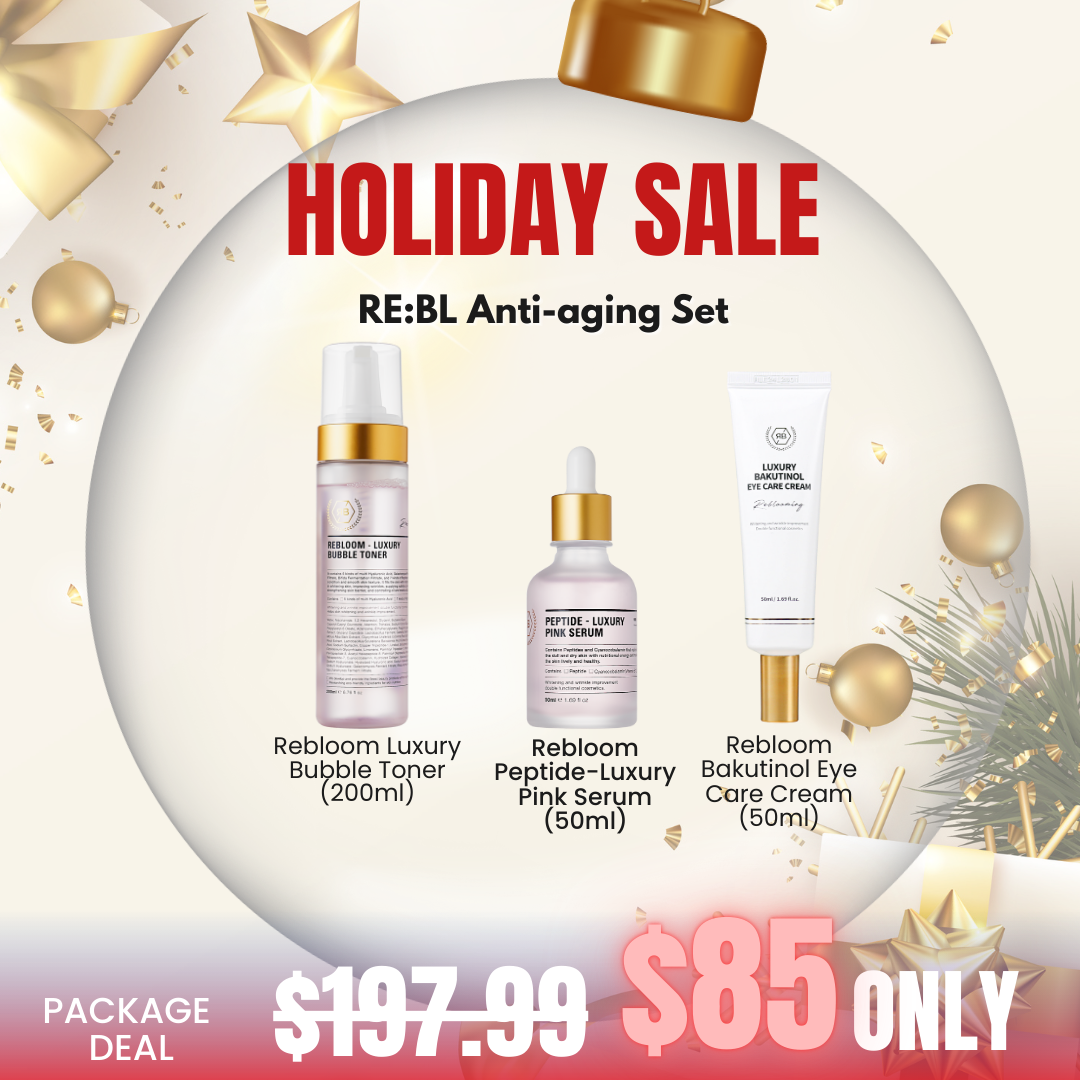 Rebloom Toner, Serum, Eye cream Anti-aging Set Rebloom is a premium aesthetic brand currently used in over 3,000 aesthetic clinics outside of Korea. The brand has been proven effective in skin regeneration, hydration, and soothing. Its products are used in aesthetic centers and dermatological research labs, and have been developed in collaboration with industry professionals and experts. What is included? Rebloom Luxury Bubble Toner (200ml) A bubble-type toner containing 5 types of hyaluronic acid and 4 kinds of fermented filtrates, providing dual functional skincare benefits for whitening and wrinkle improvement. Rebloom Peptide-Pink Serum (50ml) Whitening and wrinkle improvement double functional cosmetics. It contains peptides and cyanocobalamin that replenishes the dull and dry skin with nutritional energy and makes the skin lively and healthy. Rebloom Bakutionl Eye Care Cream (50ml) Eye and neck cream for fine lines and wrinkles. Whitening and Wrinkle-Improving Dual-Functional Cosmetic Formulated with bakuchiol, retinol, ceramide, collagen, and active ingredients from Centella asiatica, this product helps deliver moisture and nourishment to the delicate skin around the eyes, leaving it smooth, firm, and revitalized.