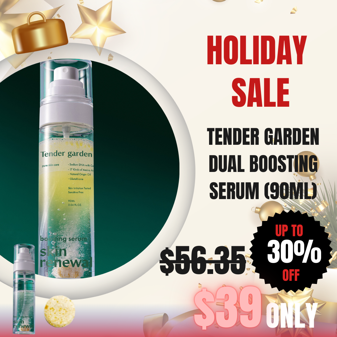Tender garden Skin Renewal Dual Boosting Serum (90ml)_Black Friday Korean Skincare Sale Tender garden Skin Renewal Dual Boosting Serum (90ml) Tender garden Skin Renewal Dual Boosting Serum(90ml) + Condensed Essence (1g) The concentration and stability of Juvel*k’s active ingredients — once impossible to preserve in diluted liquid form — are now fully retained in an effervescent solid formula for 100% preservation. High-Purity 99% PDRN Moisture Regenerating Formula – Water-Glow Tox Serum Daily skincare: After cleansing, spray 2–3 times during the toner step and gently pat for absorption. Your skin will feel clear, hydrated, and comfortably balanced. Intensive care for damaged skin: Soak a cotton pad with the serum and place it on clean skin for about 10 minutes as a soothing and deeply hydrating treatment mask. Tender garden Skin Renewal Dual Boosting Serum Key Ingredients : Camellia PDRN, Exosome, baby collagen, Vitamin E oil