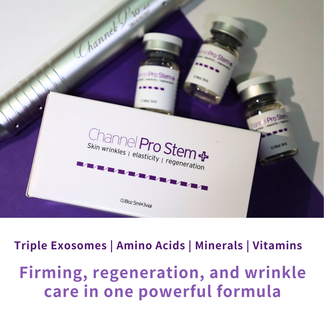 Channel Pro Stem+ (5ml*3vials) Wrinkle, Elasticity, Regeneration Triple Exosome Serum Skin Wrinkles | Elasticity | Regeneration Bring professional-level skin care to your home with Channel Pro Stem+ Ampoule! Perfect for DIY microchanneling or daily skin rejuvenation, this ampoule is formulated to repair, brighten, and strengthen your skin, targeting fine lines, scars, dullness, and elasticity. Channel Pro Stem+ Ampoule combines 3 Exosomes, 20 amino acids, 5 minerals, and B-complex vitamins to support skin regeneration, scar repair, wrinkle care, and elasticity. Brightens, nourishes, and strengthens skin — professional results, now at home. Powerful Ingredients for Visible Results 3 Advanced Exosomes (Human Adipose Stem Cell, Apple & Grape) Boost skin recovery, enhance radiance, and support natural regeneration. 20 Amino Acids Strengthen your skin barrier, improve elasticity, and maintain deep hydration. 5 Essential Minerals (Calcium, Sodium, Phosphate, etc.) Balance moisture, soothe irritation, and fortify skin health. Vitamin B-Complex + Niacinamide + Folic Acid Protect against oxidative stress, brighten skin tone, and support healthy metabolism. Channel Pro Stem+ Key Benefits Regeneration & Scar Care: Supports cellular repair for smoother, revitalized skin. Wrinkle & Elasticity Support: Amino acids help improve firmness and reduce fine lines. Brightening & Tone Correction: Niacinamide and folic acid even skin tone and restore glow. Safe & Gentle: Non-irritating formula, stable at room temperature, perfect for home use. Channel Pro Stem+ How to Use Apply a few drops to clean skin before microchanneling or as part of your daily skincare routine. Massage gently until absorbed. Ideal for DIY microchanneling enthusiasts seeking professional-grade results at home. Channel Pro Stem+ Ingredients Water · Human Adipose Stem Cell Conditioned Media · Malus Domestica Extracellular Vesicles · Vitis Vinifera Extracellular Vesicles · 1,2-Hexanediol · Calcium Chloride · Sodium Chloride · Sodium Phosphate · Arginine HCl · Cystine · Glutamine · Glycine · Histidine HCl · Isoleucine · Leucine · Lysine HCl · Methionine · Phenylalanine · Serine · Threonine · Tryptophan · Valine · Folic Acid · Inositol · Niacinamide · Calcium Pantothenate · Pyridoxine HCl · Riboflavin · Thiamine HCl · Glucose · Hydroxyethylpiperazine Ethane Sulfonic Acid · Sodium Pyruvate · Sodium Bicarbonate · Alanine · Asparagine · Aspartic Acid · Cysteine HCl · Glutamic Acid · Proline