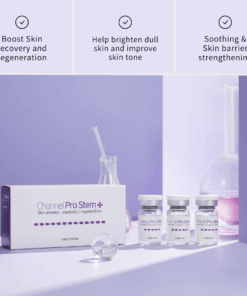 Channel Pro Stem+ (5ml*3vials) Wrinkle, Elasticity, Regeneration Triple Exosome Serum Skin Wrinkles | Elasticity | Regeneration Bring professional-level skin care to your home with Channel Pro Stem+ Ampoule! Perfect for DIY microchanneling or daily skin rejuvenation, this ampoule is formulated to repair, brighten, and strengthen your skin, targeting fine lines, scars, dullness, and elasticity. Channel Pro Stem+ Ampoule combines 3 Exosomes, 20 amino acids, 5 minerals, and B-complex vitamins to support skin regeneration, scar repair, wrinkle care, and elasticity. Brightens, nourishes, and strengthens skin — professional results, now at home. Powerful Ingredients for Visible Results 3 Advanced Exosomes (Human Adipose Stem Cell, Apple & Grape) Boost skin recovery, enhance radiance, and support natural regeneration. 20 Amino Acids Strengthen your skin barrier, improve elasticity, and maintain deep hydration. 5 Essential Minerals (Calcium, Sodium, Phosphate, etc.) Balance moisture, soothe irritation, and fortify skin health. Vitamin B-Complex + Niacinamide + Folic Acid Protect against oxidative stress, brighten skin tone, and support healthy metabolism. Channel Pro Stem+ Key Benefits Regeneration & Scar Care: Supports cellular repair for smoother, revitalized skin. Wrinkle & Elasticity Support: Amino acids help improve firmness and reduce fine lines. Brightening & Tone Correction: Niacinamide and folic acid even skin tone and restore glow. Safe & Gentle: Non-irritating formula, stable at room temperature, perfect for home use. Channel Pro Stem+ How to Use Apply a few drops to clean skin before microchanneling or as part of your daily skincare routine. Massage gently until absorbed. Ideal for DIY microchanneling enthusiasts seeking professional-grade results at home. Channel Pro Stem+ Ingredients Water · Human Adipose Stem Cell Conditioned Media · Malus Domestica Extracellular Vesicles · Vitis Vinifera Extracellular Vesicles · 1,2-Hexanediol · Calcium Chloride · Sodium Chloride · Sodium Phosphate · Arginine HCl · Cystine · Glutamine · Glycine · Histidine HCl · Isoleucine · Leucine · Lysine HCl · Methionine · Phenylalanine · Serine · Threonine · Tryptophan · Valine · Folic Acid · Inositol · Niacinamide · Calcium Pantothenate · Pyridoxine HCl · Riboflavin · Thiamine HCl · Glucose · Hydroxyethylpiperazine Ethane Sulfonic Acid · Sodium Pyruvate · Sodium Bicarbonate · Alanine · Asparagine · Aspartic Acid · Cysteine HCl · Glutamic Acid · Proline