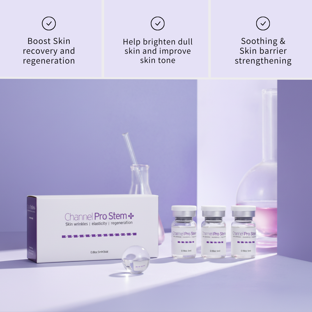 Channel Pro Stem+ (5ml*3vials) Wrinkle, Elasticity, Regeneration Triple Exosome Serum Skin Wrinkles | Elasticity | Regeneration Bring professional-level skin care to your home with Channel Pro Stem+ Ampoule! Perfect for DIY microchanneling or daily skin rejuvenation, this ampoule is formulated to repair, brighten, and strengthen your skin, targeting fine lines, scars, dullness, and elasticity. Channel Pro Stem+ Ampoule combines 3 Exosomes, 20 amino acids, 5 minerals, and B-complex vitamins to support skin regeneration, scar repair, wrinkle care, and elasticity. Brightens, nourishes, and strengthens skin — professional results, now at home. Powerful Ingredients for Visible Results 3 Advanced Exosomes (Human Adipose Stem Cell, Apple & Grape) Boost skin recovery, enhance radiance, and support natural regeneration. 20 Amino Acids Strengthen your skin barrier, improve elasticity, and maintain deep hydration. 5 Essential Minerals (Calcium, Sodium, Phosphate, etc.) Balance moisture, soothe irritation, and fortify skin health. Vitamin B-Complex + Niacinamide + Folic Acid Protect against oxidative stress, brighten skin tone, and support healthy metabolism. Channel Pro Stem+ Key Benefits Regeneration & Scar Care: Supports cellular repair for smoother, revitalized skin. Wrinkle & Elasticity Support: Amino acids help improve firmness and reduce fine lines. Brightening & Tone Correction: Niacinamide and folic acid even skin tone and restore glow. Safe & Gentle: Non-irritating formula, stable at room temperature, perfect for home use. Channel Pro Stem+ How to Use Apply a few drops to clean skin before microchanneling or as part of your daily skincare routine. Massage gently until absorbed. Ideal for DIY microchanneling enthusiasts seeking professional-grade results at home. Channel Pro Stem+ Ingredients Water · Human Adipose Stem Cell Conditioned Media · Malus Domestica Extracellular Vesicles · Vitis Vinifera Extracellular Vesicles · 1,2-Hexanediol · Calcium Chloride · Sodium Chloride · Sodium Phosphate · Arginine HCl · Cystine · Glutamine · Glycine · Histidine HCl · Isoleucine · Leucine · Lysine HCl · Methionine · Phenylalanine · Serine · Threonine · Tryptophan · Valine · Folic Acid · Inositol · Niacinamide · Calcium Pantothenate · Pyridoxine HCl · Riboflavin · Thiamine HCl · Glucose · Hydroxyethylpiperazine Ethane Sulfonic Acid · Sodium Pyruvate · Sodium Bicarbonate · Alanine · Asparagine · Aspartic Acid · Cysteine HCl · Glutamic Acid · Proline