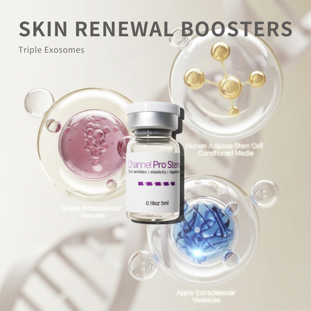 Channel Pro Stem+ (5ml*3vials) Wrinkle, Elasticity, Regeneration Triple Exosome Serum Skin Wrinkles | Elasticity | Regeneration Bring professional-level skin care to your home with Channel Pro Stem+ Ampoule! Perfect for DIY microchanneling or daily skin rejuvenation, this ampoule is formulated to repair, brighten, and strengthen your skin, targeting fine lines, scars, dullness, and elasticity. Channel Pro Stem+ Ampoule combines 3 Exosomes, 20 amino acids, 5 minerals, and B-complex vitamins to support skin regeneration, scar repair, wrinkle care, and elasticity. Brightens, nourishes, and strengthens skin — professional results, now at home. Powerful Ingredients for Visible Results 3 Advanced Exosomes (Human Adipose Stem Cell, Apple & Grape) Boost skin recovery, enhance radiance, and support natural regeneration. 20 Amino Acids Strengthen your skin barrier, improve elasticity, and maintain deep hydration. 5 Essential Minerals (Calcium, Sodium, Phosphate, etc.) Balance moisture, soothe irritation, and fortify skin health. Vitamin B-Complex + Niacinamide + Folic Acid Protect against oxidative stress, brighten skin tone, and support healthy metabolism. Channel Pro Stem+ Key Benefits Regeneration & Scar Care: Supports cellular repair for smoother, revitalized skin. Wrinkle & Elasticity Support: Amino acids help improve firmness and reduce fine lines. Brightening & Tone Correction: Niacinamide and folic acid even skin tone and restore glow. Safe & Gentle: Non-irritating formula, stable at room temperature, perfect for home use. Channel Pro Stem+ How to Use Apply a few drops to clean skin before microchanneling or as part of your daily skincare routine. Massage gently until absorbed. Ideal for DIY microchanneling enthusiasts seeking professional-grade results at home. Channel Pro Stem+ Ingredients Water · Human Adipose Stem Cell Conditioned Media · Malus Domestica Extracellular Vesicles · Vitis Vinifera Extracellular Vesicles · 1,2-Hexanediol · Calcium Chloride · Sodium Chloride · Sodium Phosphate · Arginine HCl · Cystine · Glutamine · Glycine · Histidine HCl · Isoleucine · Leucine · Lysine HCl · Methionine · Phenylalanine · Serine · Threonine · Tryptophan · Valine · Folic Acid · Inositol · Niacinamide · Calcium Pantothenate · Pyridoxine HCl · Riboflavin · Thiamine HCl · Glucose · Hydroxyethylpiperazine Ethane Sulfonic Acid · Sodium Pyruvate · Sodium Bicarbonate · Alanine · Asparagine · Aspartic Acid · Cysteine HCl · Glutamic Acid · Proline