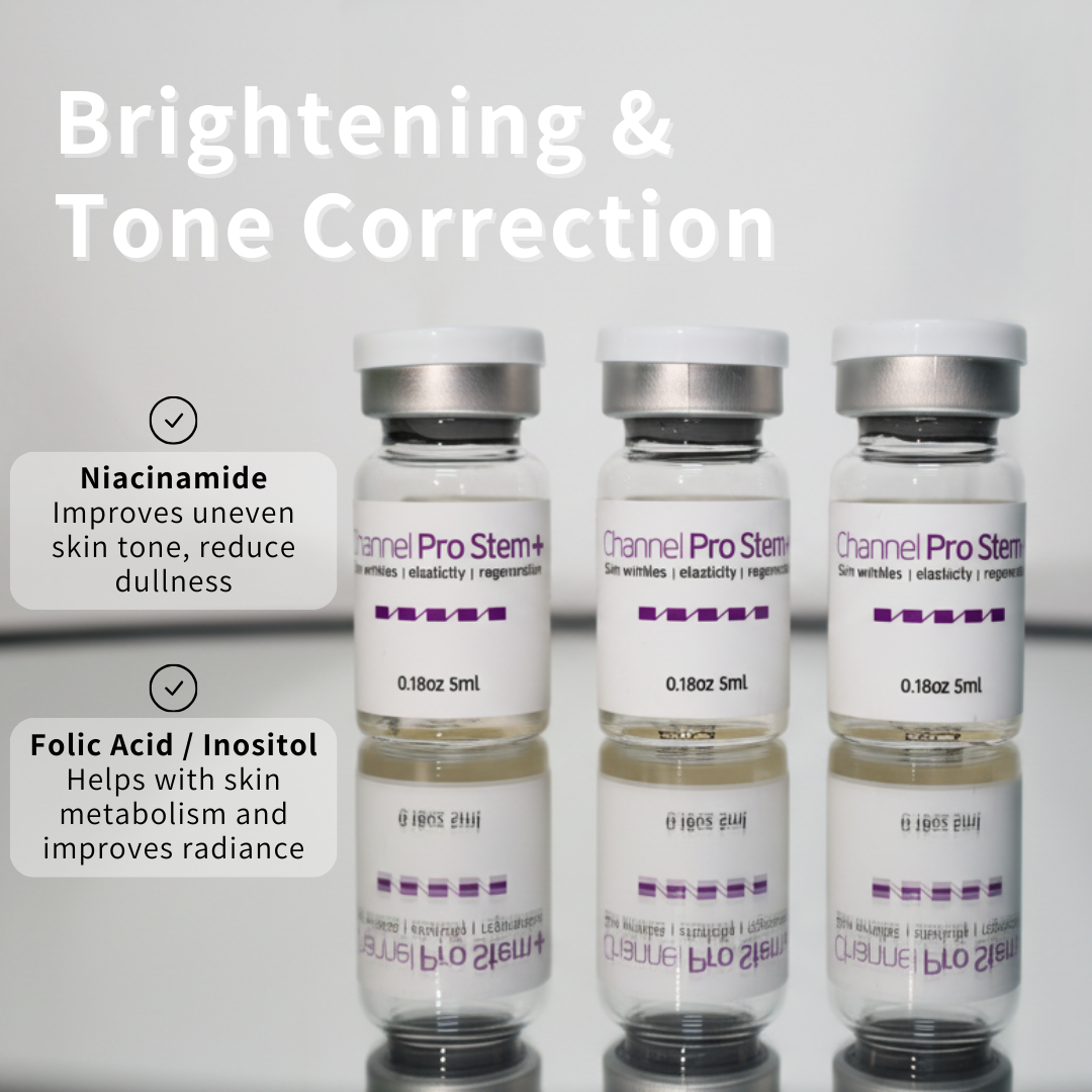 Channel Pro Stem+ (5ml*3vials) Wrinkle, Elasticity, Regeneration Triple Exosome Serum Skin Wrinkles | Elasticity | Regeneration Bring professional-level skin care to your home with Channel Pro Stem+ Ampoule! Perfect for DIY microchanneling or daily skin rejuvenation, this ampoule is formulated to repair, brighten, and strengthen your skin, targeting fine lines, scars, dullness, and elasticity. Channel Pro Stem+ Ampoule combines 3 Exosomes, 20 amino acids, 5 minerals, and B-complex vitamins to support skin regeneration, scar repair, wrinkle care, and elasticity. Brightens, nourishes, and strengthens skin — professional results, now at home. Powerful Ingredients for Visible Results 3 Advanced Exosomes (Human Adipose Stem Cell, Apple & Grape) Boost skin recovery, enhance radiance, and support natural regeneration. 20 Amino Acids Strengthen your skin barrier, improve elasticity, and maintain deep hydration. 5 Essential Minerals (Calcium, Sodium, Phosphate, etc.) Balance moisture, soothe irritation, and fortify skin health. Vitamin B-Complex + Niacinamide + Folic Acid Protect against oxidative stress, brighten skin tone, and support healthy metabolism. Channel Pro Stem+ Key Benefits Regeneration & Scar Care: Supports cellular repair for smoother, revitalized skin. Wrinkle & Elasticity Support: Amino acids help improve firmness and reduce fine lines. Brightening & Tone Correction: Niacinamide and folic acid even skin tone and restore glow. Safe & Gentle: Non-irritating formula, stable at room temperature, perfect for home use. Channel Pro Stem+ How to Use Apply a few drops to clean skin before microchanneling or as part of your daily skincare routine. Massage gently until absorbed. Ideal for DIY microchanneling enthusiasts seeking professional-grade results at home. Channel Pro Stem+ Ingredients Water · Human Adipose Stem Cell Conditioned Media · Malus Domestica Extracellular Vesicles · Vitis Vinifera Extracellular Vesicles · 1,2-Hexanediol · Calcium Chloride · Sodium Chloride · Sodium Phosphate · Arginine HCl · Cystine · Glutamine · Glycine · Histidine HCl · Isoleucine · Leucine · Lysine HCl · Methionine · Phenylalanine · Serine · Threonine · Tryptophan · Valine · Folic Acid · Inositol · Niacinamide · Calcium Pantothenate · Pyridoxine HCl · Riboflavin · Thiamine HCl · Glucose · Hydroxyethylpiperazine Ethane Sulfonic Acid · Sodium Pyruvate · Sodium Bicarbonate · Alanine · Asparagine · Aspartic Acid · Cysteine HCl · Glutamic Acid · Proline