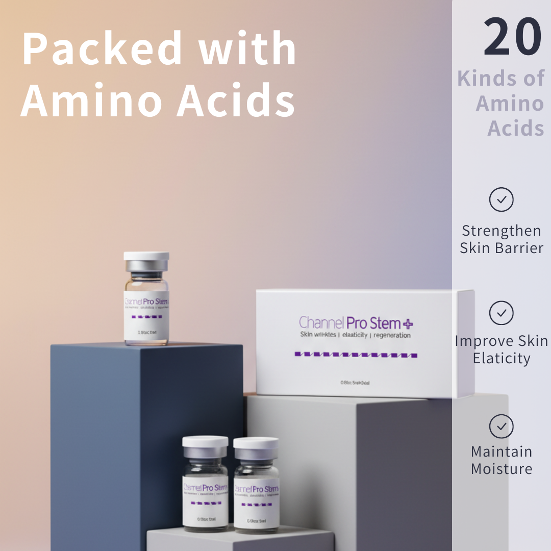 Channel Pro Stem+ (5ml*3vials) Wrinkle, Elasticity, Regeneration Triple Exosome Serum Skin Wrinkles | Elasticity | Regeneration Bring professional-level skin care to your home with Channel Pro Stem+ Ampoule! Perfect for DIY microchanneling or daily skin rejuvenation, this ampoule is formulated to repair, brighten, and strengthen your skin, targeting fine lines, scars, dullness, and elasticity. Channel Pro Stem+ Ampoule combines 3 Exosomes, 20 amino acids, 5 minerals, and B-complex vitamins to support skin regeneration, scar repair, wrinkle care, and elasticity. Brightens, nourishes, and strengthens skin — professional results, now at home. Powerful Ingredients for Visible Results 3 Advanced Exosomes (Human Adipose Stem Cell, Apple & Grape) Boost skin recovery, enhance radiance, and support natural regeneration. 20 Amino Acids Strengthen your skin barrier, improve elasticity, and maintain deep hydration. 5 Essential Minerals (Calcium, Sodium, Phosphate, etc.) Balance moisture, soothe irritation, and fortify skin health. Vitamin B-Complex + Niacinamide + Folic Acid Protect against oxidative stress, brighten skin tone, and support healthy metabolism. Channel Pro Stem+ Key Benefits Regeneration & Scar Care: Supports cellular repair for smoother, revitalized skin. Wrinkle & Elasticity Support: Amino acids help improve firmness and reduce fine lines. Brightening & Tone Correction: Niacinamide and folic acid even skin tone and restore glow. Safe & Gentle: Non-irritating formula, stable at room temperature, perfect for home use. Channel Pro Stem+ How to Use Apply a few drops to clean skin before microchanneling or as part of your daily skincare routine. Massage gently until absorbed. Ideal for DIY microchanneling enthusiasts seeking professional-grade results at home. Channel Pro Stem+ Ingredients Water · Human Adipose Stem Cell Conditioned Media · Malus Domestica Extracellular Vesicles · Vitis Vinifera Extracellular Vesicles · 1,2-Hexanediol · Calcium Chloride · Sodium Chloride · Sodium Phosphate · Arginine HCl · Cystine · Glutamine · Glycine · Histidine HCl · Isoleucine · Leucine · Lysine HCl · Methionine · Phenylalanine · Serine · Threonine · Tryptophan · Valine · Folic Acid · Inositol · Niacinamide · Calcium Pantothenate · Pyridoxine HCl · Riboflavin · Thiamine HCl · Glucose · Hydroxyethylpiperazine Ethane Sulfonic Acid · Sodium Pyruvate · Sodium Bicarbonate · Alanine · Asparagine · Aspartic Acid · Cysteine HCl · Glutamic Acid · Proline