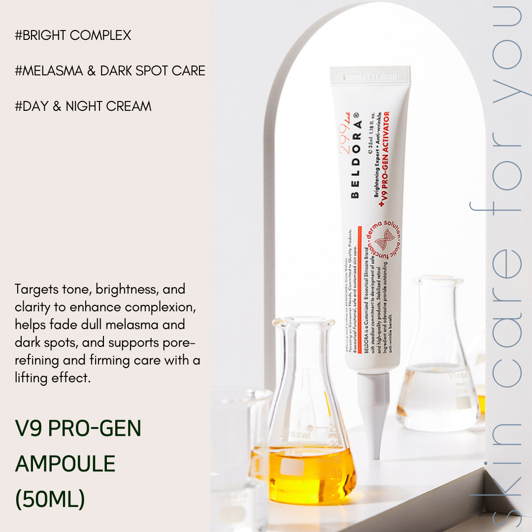 New year skincare resolution - brightening skincare Formulated with tranexamic acid, niacinamide, and vitamin C, this advanced skincare set is designed to help address melanin-related concerns while enhancing overall skin brightness and clarity. These powerful brightening ingredients work together to promote a more even-looking skin tone and a naturally radiant complexion. Enriched with tea tree–derived ingredients, the formula helps calm stressed or sensitive skin while delivering essential hydration. The soothing properties support skin balance and comfort, making it suitable for skin prone to irritation while still benefiting from intensive brightening care. By combining tone-correcting, soothing, and hydrating benefits in one complete routine, this all-in-one system simplifies daily skincare while delivering visible results—clearer, brighter, and healthier-looking skin with continued use. What’s Included: Laperi Moisture Fairy Toner (130ml) + Bubble Toner Bottle (30ml) – A lightweight, moisture-rich toner that hydrates and refreshes the skin, while the bubble bottle enhances absorption and helps prep the skin for active treatments. Beldora V9 Pro-Gen Ampoule (50ml) – A concentrated ampoule formulated to support brightening, skin vitality, and improved texture. Beldora V9 Pro-Gen Activator (35ml) – A targeted activator that helps boost the effectiveness of the ampoule, supporting a more luminous and even-looking complexion.