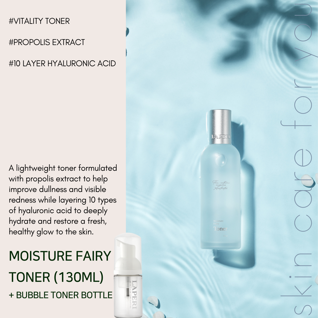 New year skincare resolution - brightening skincare Formulated with tranexamic acid, niacinamide, and vitamin C, this advanced skincare set is designed to help address melanin-related concerns while enhancing overall skin brightness and clarity. These powerful brightening ingredients work together to promote a more even-looking skin tone and a naturally radiant complexion. Enriched with tea tree–derived ingredients, the formula helps calm stressed or sensitive skin while delivering essential hydration. The soothing properties support skin balance and comfort, making it suitable for skin prone to irritation while still benefiting from intensive brightening care. By combining tone-correcting, soothing, and hydrating benefits in one complete routine, this all-in-one system simplifies daily skincare while delivering visible results—clearer, brighter, and healthier-looking skin with continued use. What’s Included: Laperi Moisture Fairy Toner (130ml) + Bubble Toner Bottle (30ml) – A lightweight, moisture-rich toner that hydrates and refreshes the skin, while the bubble bottle enhances absorption and helps prep the skin for active treatments. Beldora V9 Pro-Gen Ampoule (50ml) – A concentrated ampoule formulated to support brightening, skin vitality, and improved texture. Beldora V9 Pro-Gen Activator (35ml) – A targeted activator that helps boost the effectiveness of the ampoule, supporting a more luminous and even-looking complexion.