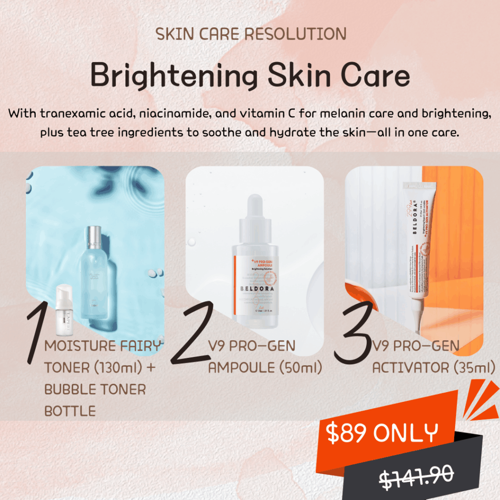 New year skincare resolution - brightening skincare Formulated with tranexamic acid, niacinamide, and vitamin C, this advanced skincare set is designed to help address melanin-related concerns while enhancing overall skin brightness and clarity. These powerful brightening ingredients work together to promote a more even-looking skin tone and a naturally radiant complexion. Enriched with tea tree–derived ingredients, the formula helps calm stressed or sensitive skin while delivering essential hydration. The soothing properties support skin balance and comfort, making it suitable for skin prone to irritation while still benefiting from intensive brightening care. By combining tone-correcting, soothing, and hydrating benefits in one complete routine, this all-in-one system simplifies daily skincare while delivering visible results—clearer, brighter, and healthier-looking skin with continued use. What’s Included: Laperi Moisture Fairy Toner (130ml) + Bubble Toner Bottle (30ml) – A lightweight, moisture-rich toner that hydrates and refreshes the skin, while the bubble bottle enhances absorption and helps prep the skin for active treatments. Beldora V9 Pro-Gen Ampoule (50ml) – A concentrated ampoule formulated to support brightening, skin vitality, and improved texture. Beldora V9 Pro-Gen Activator (35ml) – A targeted activator that helps boost the effectiveness of the ampoule, supporting a more luminous and even-looking complexion.