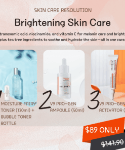 New year skincare resolution - brightening skincare Formulated with tranexamic acid, niacinamide, and vitamin C, this advanced skincare set is designed to help address melanin-related concerns while enhancing overall skin brightness and clarity. These powerful brightening ingredients work together to promote a more even-looking skin tone and a naturally radiant complexion. Enriched with tea tree–derived ingredients, the formula helps calm stressed or sensitive skin while delivering essential hydration. The soothing properties support skin balance and comfort, making it suitable for skin prone to irritation while still benefiting from intensive brightening care. By combining tone-correcting, soothing, and hydrating benefits in one complete routine, this all-in-one system simplifies daily skincare while delivering visible results—clearer, brighter, and healthier-looking skin with continued use. What’s Included: Laperi Moisture Fairy Toner (130ml) + Bubble Toner Bottle (30ml) – A lightweight, moisture-rich toner that hydrates and refreshes the skin, while the bubble bottle enhances absorption and helps prep the skin for active treatments. Beldora V9 Pro-Gen Ampoule (50ml) – A concentrated ampoule formulated to support brightening, skin vitality, and improved texture. Beldora V9 Pro-Gen Activator (35ml) – A targeted activator that helps boost the effectiveness of the ampoule, supporting a more luminous and even-looking complexion.
