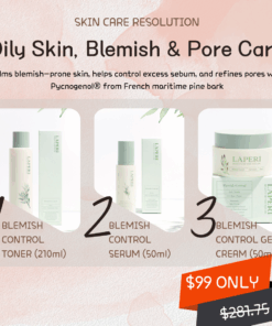 New year skincare resolution - oily, blemish & pore care Created specifically for oily and blemish-prone skin, this targeted skincare bundle focuses on restoring and maintaining optimal skin balance—neither overly dry nor excessively oily. The Laperi Blemish Control Line is designed to help regulate sebum production while keeping the skin calm, clear, and comfortable. Infused with Pycnogenol extracted from French maritime pine bark, the formula helps soothe stressed skin, protect against environmental aggressors, and visibly refine the appearance of pores. By addressing excess oil and congestion at the source, the skin appears clearer, smoother, and more balanced with continued use. This lightweight yet effective routine delivers oil control, blemish care, and pore refinement without clogging or over-drying, making it ideal for daily use and for those seeking a healthier, more refined complexion. What’s Included: Laperi Blemish Control Toner (210ml) – A refreshing toner that helps remove residual impurities, balance excess sebum, and prep the skin for improved absorption of active ingredients. Laperi Blemish Control Serum (50ml) – A concentrated serum formulated to calm blemish-prone skin while supporting clearer-looking pores and smoother skin texture. Laperi Blemish Control Gel Cream (50ml) – A lightweight gel cream that delivers hydration without heaviness, helping to control shine and maintain long-lasting skin balance.