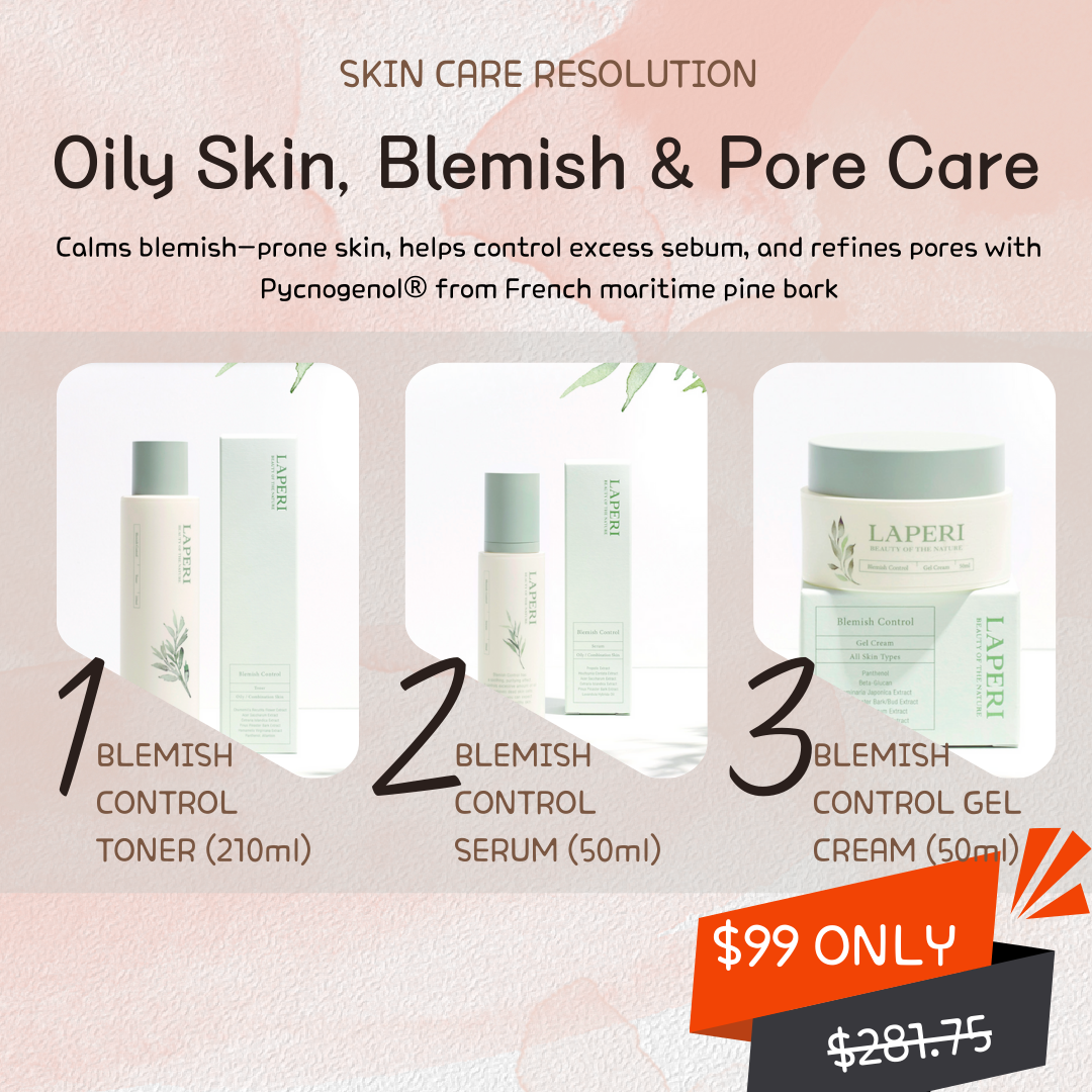 New year skincare resolution - oily, blemish & pore care Created specifically for oily and blemish-prone skin, this targeted skincare bundle focuses on restoring and maintaining optimal skin balance—neither overly dry nor excessively oily. The Laperi Blemish Control Line is designed to help regulate sebum production while keeping the skin calm, clear, and comfortable. Infused with Pycnogenol extracted from French maritime pine bark, the formula helps soothe stressed skin, protect against environmental aggressors, and visibly refine the appearance of pores. By addressing excess oil and congestion at the source, the skin appears clearer, smoother, and more balanced with continued use. This lightweight yet effective routine delivers oil control, blemish care, and pore refinement without clogging or over-drying, making it ideal for daily use and for those seeking a healthier, more refined complexion. What’s Included: Laperi Blemish Control Toner (210ml) – A refreshing toner that helps remove residual impurities, balance excess sebum, and prep the skin for improved absorption of active ingredients. Laperi Blemish Control Serum (50ml) – A concentrated serum formulated to calm blemish-prone skin while supporting clearer-looking pores and smoother skin texture. Laperi Blemish Control Gel Cream (50ml) – A lightweight gel cream that delivers hydration without heaviness, helping to control shine and maintain long-lasting skin balance.