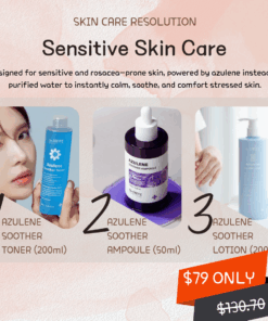 New year skincare resolution - sensitive skincare Specially designed for sensitive and rosacea-prone skin, this calming skincare bundle focuses on restoring balance and comfort to easily irritated skin. Instead of purified water, each formula is powered by azulene, a renowned soothing ingredient known for its ability to instantly calm visible redness and help relieve skin discomfort. The azulene-based formulations work to reduce the appearance of irritation while supporting the skin’s natural barrier. With continued use, skin feels more hydrated, balanced, and resilient—making this set ideal for those experiencing sensitivity, flushing, or environmental stress. This gentle yet effective routine delivers daily hydration and calming care without overwhelming the skin, offering a simplified solution for sensitive skin in need of immediate relief and long-term comfort. What’s Included: Dr. Sante Azulene Soother Toner (200ml) – A refreshing toner that gently hydrates and calms sensitive skin while helping to prep and balance the skin after cleansing. Dr. Sante Azulene Soother Ampoule (50ml) – A concentrated soothing ampoule formulated to help reduce visible redness and support skin barrier recovery. Dr. Sante Azulene Soother Lotion (200ml) – A lightweight yet nourishing lotion that locks in moisture while delivering long-lasting comfort and protection for sensitive skin.