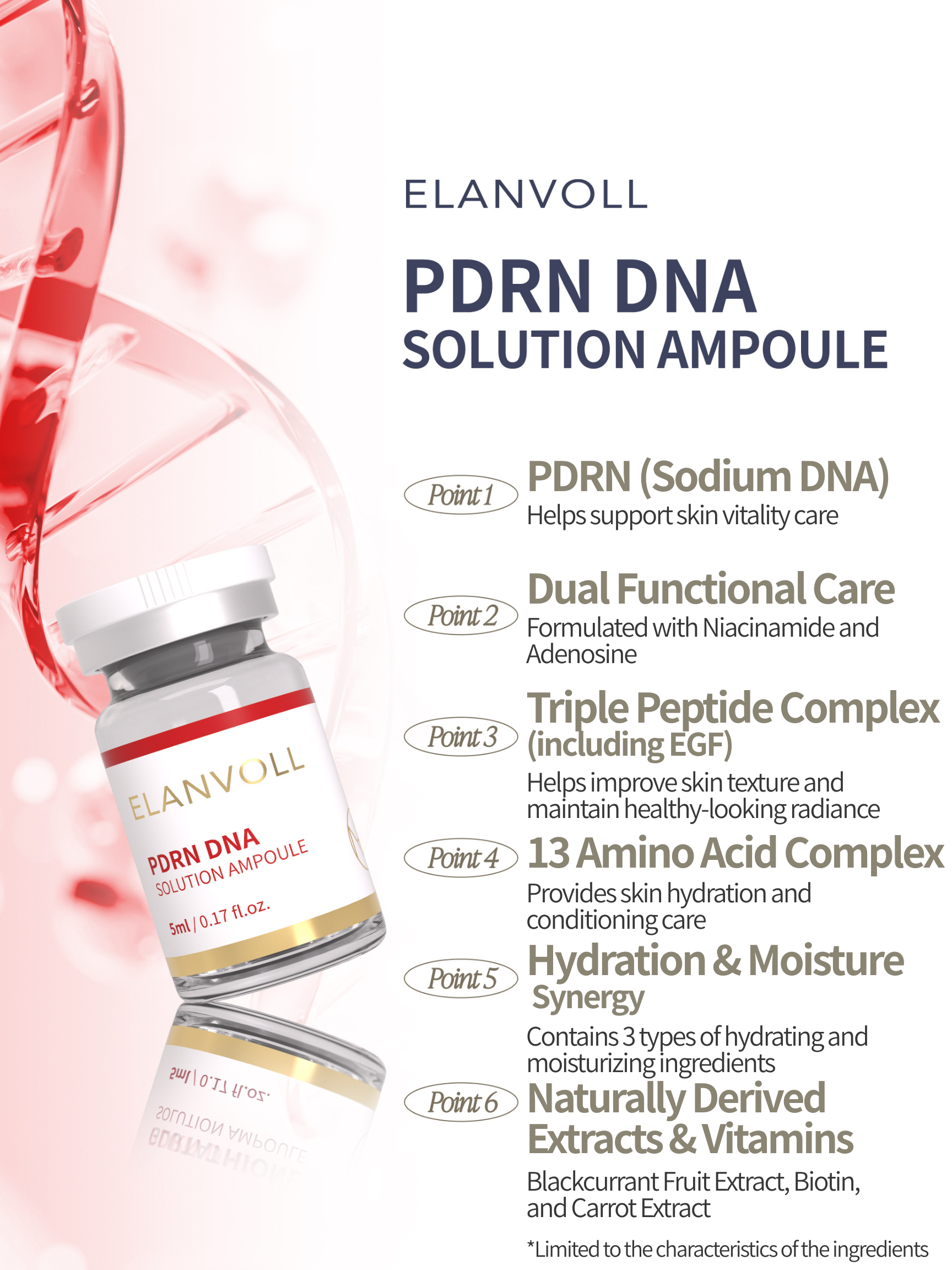 Elanvoll PDRN DNA Solution Ampoule Kit (5ml×10 ea) Elanvoll PDRN DNA Solution Ampoule Redesign your skin from within—stronger, healthier-looking skin starts at the core. This advanced ampoule is designed to support skin vitality, elasticity, and hydration with a carefully balanced blend of PDRN, peptides, amino acids, and moisturizing actives. Suitable for daily skin conditioning as well as professional skincare routines. Key Benefits Supports skin vitality and elasticity Enhances radiance and smooth-looking skin texture Helps maintain hydration and skin conditioning Promotes a healthy-looking glow from within Key Features PDRN (Sodium DNA) Helps support skin vitality and elasticity care Dual Functional Care (Niacinamide + Adenosine) Helps improve skin radiance and firmness Triple Peptide Complex (including EGF) Helps refine skin texture and maintain a healthy-looking glow 13 Amino Acid Complex Supports hydration and skin conditioning Hydration & Moisture Synergy Formulated with Hyaluronic Acid, Glucose, and Glyceryl Glucoside Naturally Derived Extracts & Vitamins Formulated with Blackcurrant Fruit Extract, Biotin, and Carrot Extract (Benefits limited to the characteristics of the ingredients) Key Ingredients PDRN (Sodium DNA), Niacinamide, Adenosine, Triple Peptide Complex (including EGF), 13 Amino Acid Complex, Hyaluronic Acid, Glucose, Glyceryl Glucoside, Blackcurrant Fruit Extract, Biotin, Carrot Extrac