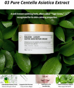 Rebloom Luxury Hasten Skin Repair Cream (100g) A rich yet gentle repair cream designed to comfort dry, sensitive, and weakened skin. Formulated with Centella Asiatica and plant-based active ingredients, this cream helps calm irritation, reinforce the skin barrier, and restore a healthy, supple appearance. Perfect for daily use and ideal as post-treatment care after professional skin procedures. Rebloom Luxury Hasten Skin Repair Cream (100g) Benefits Strengthens and protects the skin’s natural moisture barrier Helps soothe stressed and irritated skin Supports skin repair with Centella Asiatica actives Leaves skin soft, smooth, and visibly healthier Ideal For Dry and dehydrated skin Sensitive or fragile skin Dull, rough, or tired-looking skin Skin weakened by environmental stress Post-procedure care (extractions, laser, peeling, microneedling) Key Features Gentle Daily Repair Cream A balanced, mild formula suitable for everyday use without burdening the skin Triple Barrier Care Complex Ceramide NP, Allantoin, and Dipotassium Glycyrrhizate help protect, soothe, and maintain skin comfort Centella Asiatica Complex Contains a standardized amount of Centella extract and active compounds to support calming and skin recovery Brightening & Anti-Wrinkle Care Infused with Niacinamide and Adenosine for improved skin tone and elasticity Botanical-Rich Formula Enriched with carefully selected natural ingredients including Gold Powder, Borage Seed Oil, Wheat Sprout, Soybean, Sophora Japonica, Broccoli Sprout, Magnolia Sprout, and Green Tea Extract Ingredients (INCI) Water, Butylene Glycol, Glycerin, Beta-Glucan, C14-22 Alcohols, C12-20 Alkyl Glucoside, Grape Seed Oil, Squalane, Caprylic/Capric Triglyceride, Niacinamide, Beeswax, 1,2-Hexanediol, Centella Asiatica Extract, Gold Powder, Borage Seed Oil, Wheat Sprout Extract, Broccoli Sprout Extract, Soybean Sprout Extract, Clove Sprout Extract, Sophora Japonica Sprout Extract, Magnolia Sprout Extract, Green Tea Extract, Tocopheryl Acetate, Allantoin, Dipotassium Glycyrrhizate, Panthenol, Ceramide NP, Asiaticoside, Asiatic Acid, Madecassic Acid, Sodium Hyaluronate, Dimethicone, Polysorbate 60, Sorbitan Stearate, Polyacrylate-13, Polyisobutene, Polysorbate 20, Arginine, Carbomer, Adenosine, Fragrance