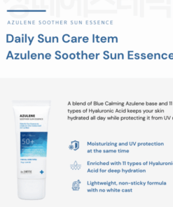 Dr. Sante Azuelen Soother Sun Essence (75ml) Hydration added to sunscreen! Intense moisture supply with 11 types of Hyaluronic Acid / DESCRIPTION / Powerful UV protection with a fresh, lightweight finish— no stickiness, no white cast! SPF50+ / PA+++ Blue Camazulene Base | Moisture Boost & Lock | Soothing & UV Protection Dr. Sante Azuelen Soother Sun Essence KEY Ingredients : Chamomile Flower Water, Guaiazulene, 11 Types of Hyaluronic Acid, Centella Asiatica Extract, Sophora Root Extract, Panthenol